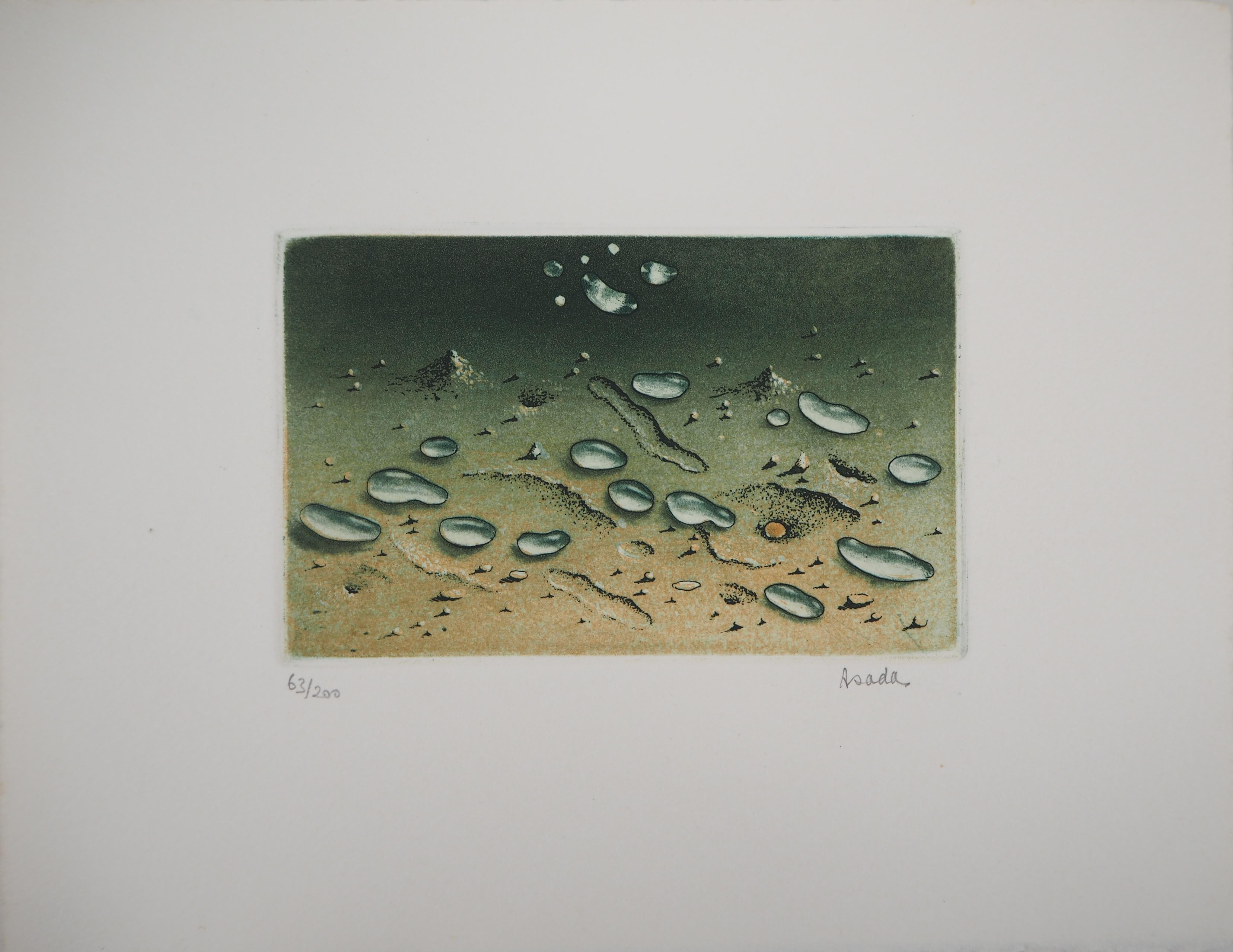 Zen : Water Drops on the Sand - Eau-forte originale signée à la main - Numéroté / 200 - Surréalisme Print par Hiroshi Asada