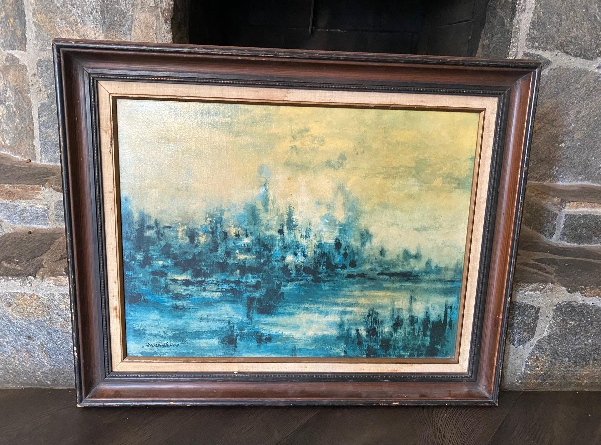 Un bellissimo e coinvolgente dipinto originale a olio su tela dell'artista nippo-americano Hiroshi Honda (1910-1970).  I colori vivaci e il design astratto sono davvero sorprendenti.  

Hiroshi Honda era un pittore nippo-americano nato a Hilo, nelle