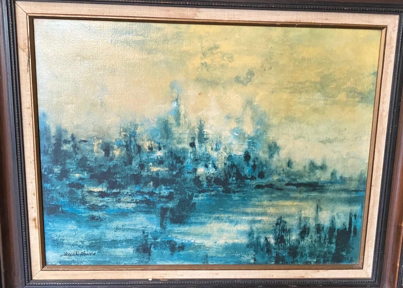 Mid-Century moderno Hiroshi Honda firmato Pittura ad olio astratta giapponese-americana del medio secolo in vendita
