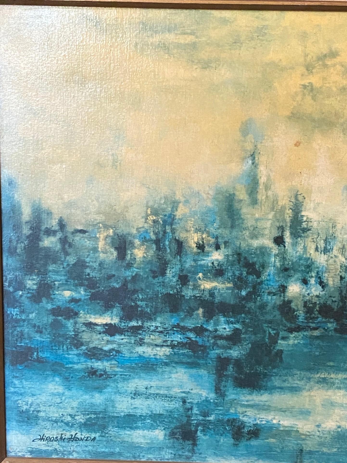 Dipinto a mano Hiroshi Honda firmato Pittura ad olio astratta giapponese-americana del medio secolo in vendita