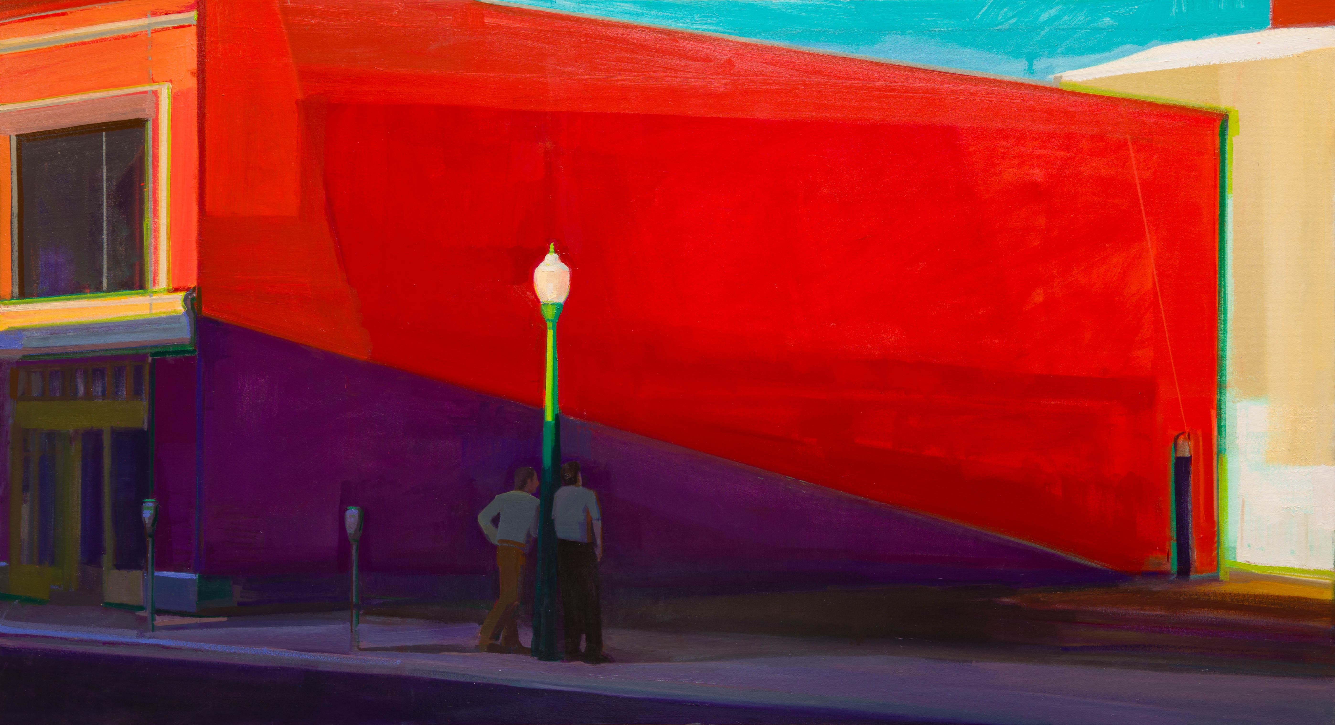 L'opera "Break" di Hiroshi Sato, completata nel 2024, è un sorprendente dipinto a olio su tela che misura 44 x 80 pollici (111,76 x 203,20 cm). Questa opera d'arte originale presenta un vivace paesaggio urbano, caratterizzato da colori vivaci e