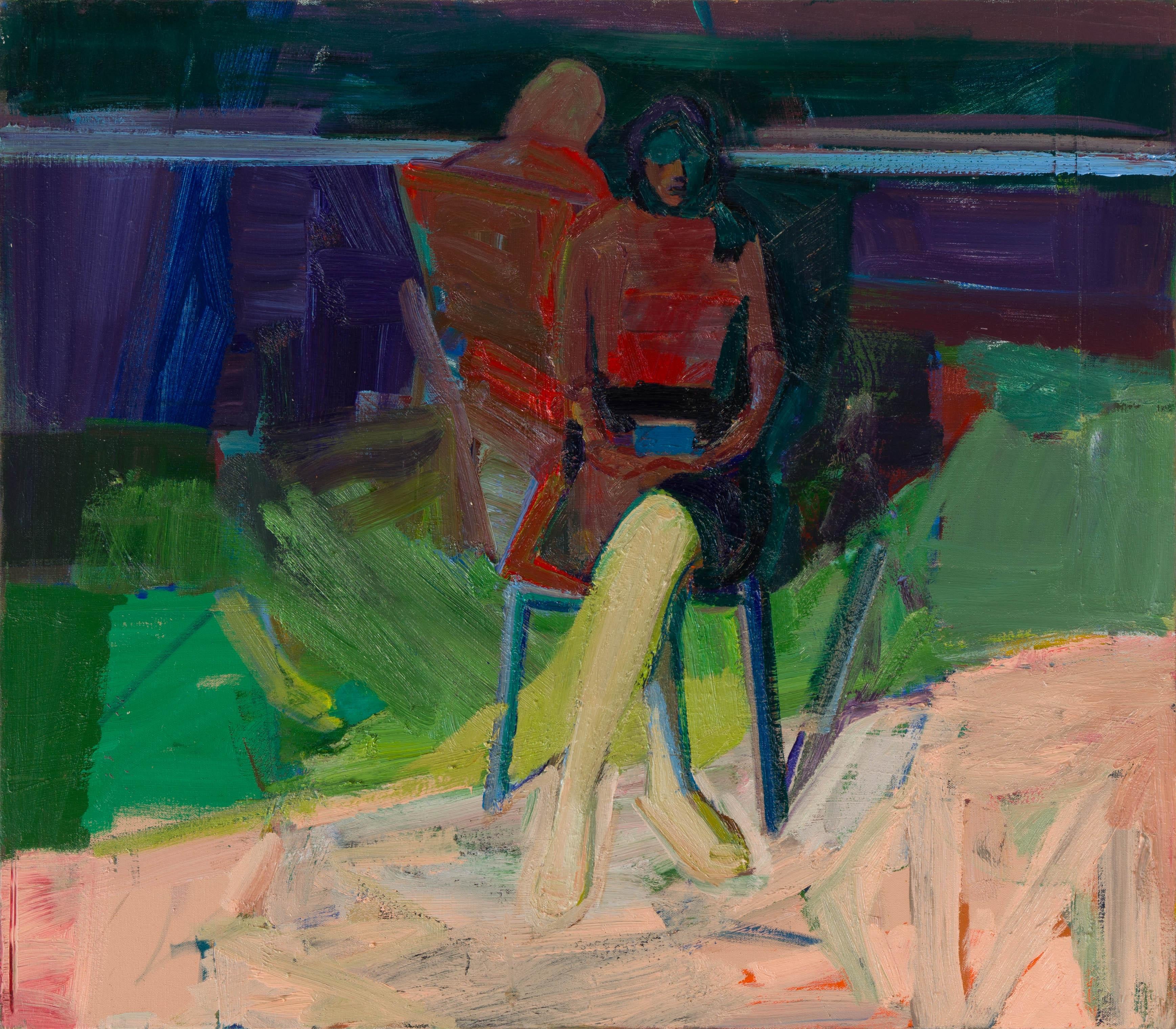 Césped vespertino" (2024), de Hiroshi Sato, es una obra original de óleo sobre lienzo que mide 28 x 32 pulgadas. Esta vibrante pintura capta un momento contemplativo en un exuberante paisaje nocturno. Como parte de la exposición individual de Sato