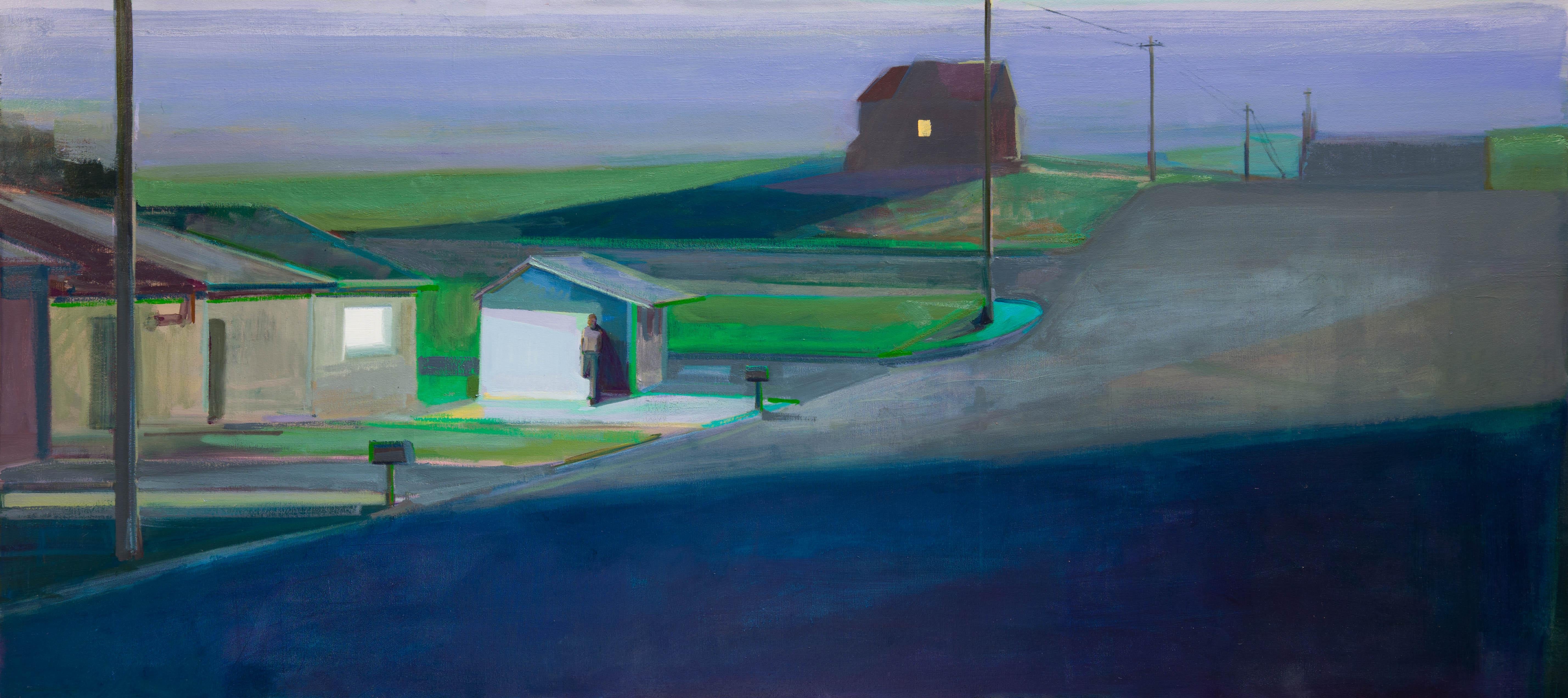 "Capanno della sera", dipinto originale di Hiroshi Sato, un paesaggio vibrante