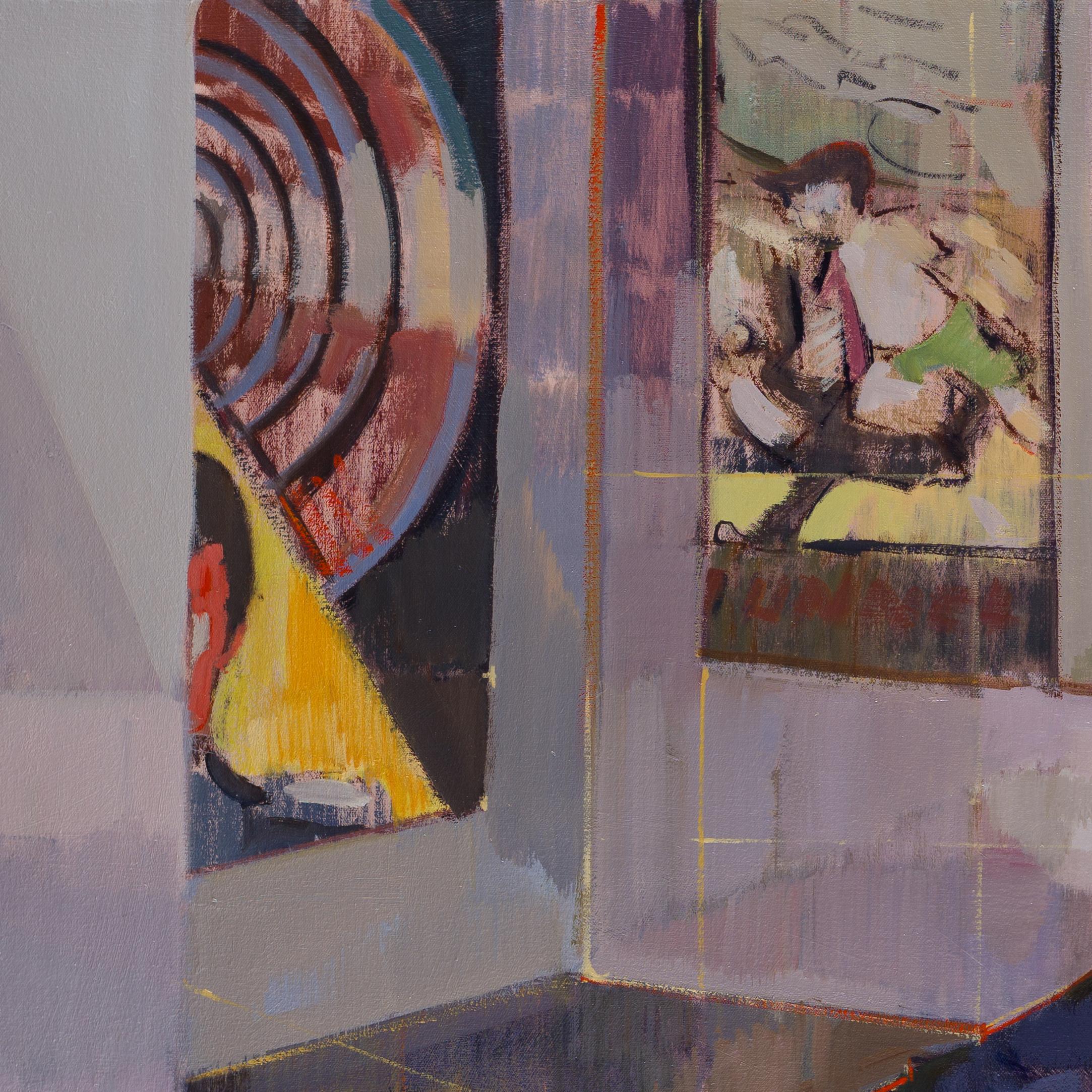 Hiroshi Sato’s Solaris (2020) is a striking oil painting that captures a contemplative moment of a suited man reclining in an interior setting. The composition is a masterful interplay of geometric abstraction and representational form, showcasing