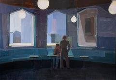 Triple Windows - Figurative Interior with figures, three windows, hanging