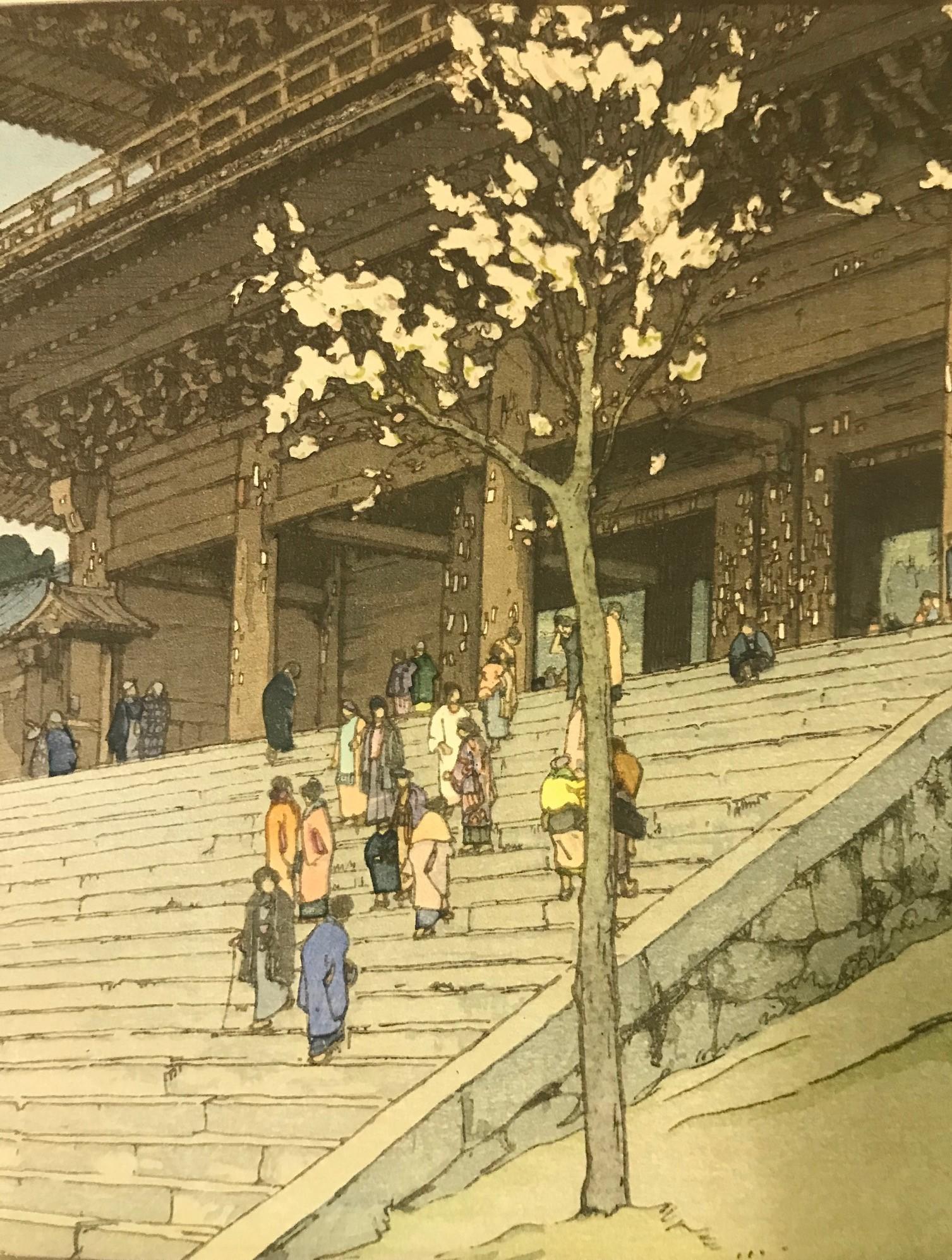 Hiroshi Yoshida Signed Japanese Jizuri Seal Woodblock Print Chionin Temple Gate In Good Condition In Studio City, CA