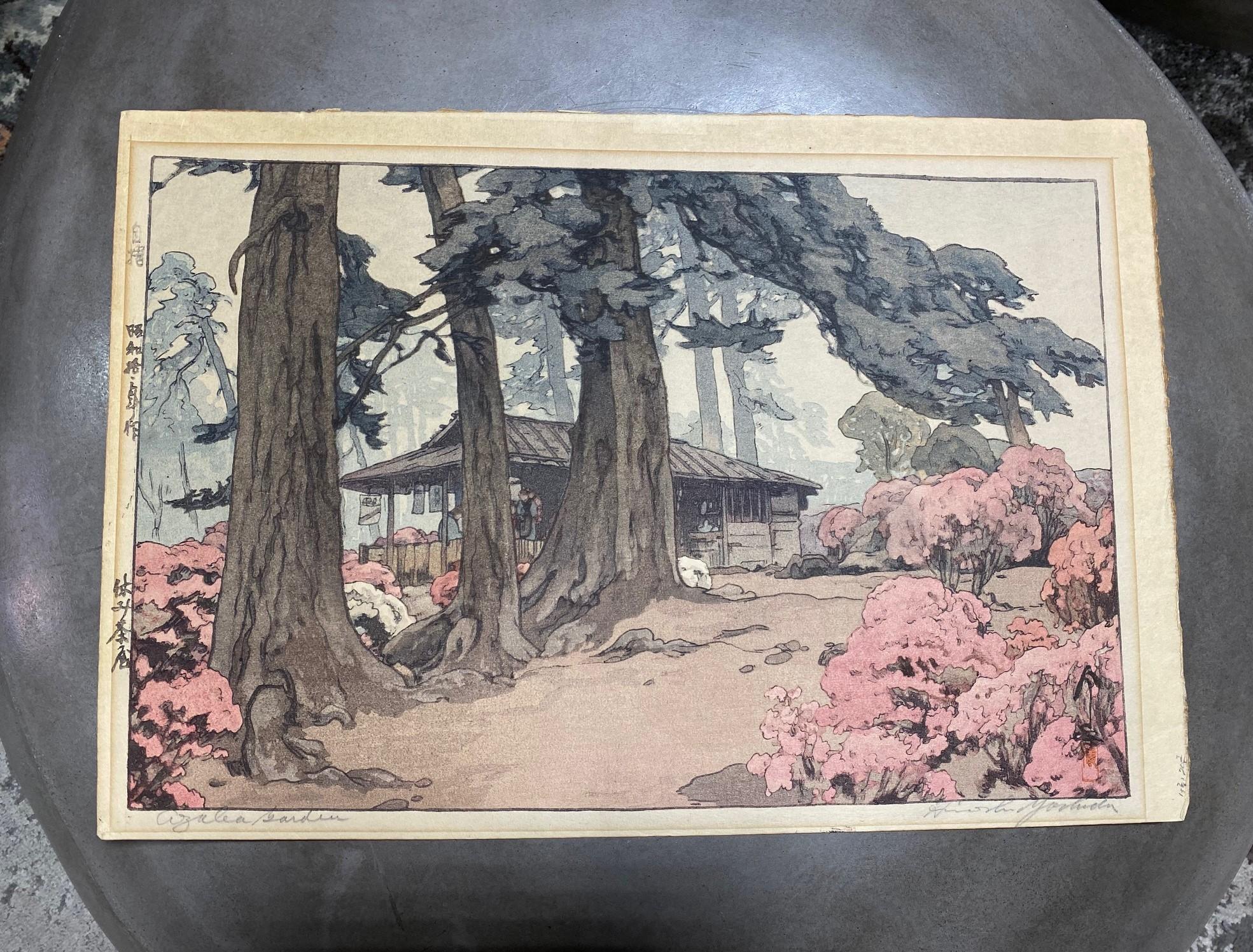 Hiroshi Yoshida Lifetime Jizuri Japanese Print Tea House in Azalea Garden, 1938 In Good Condition In Studio City, CA