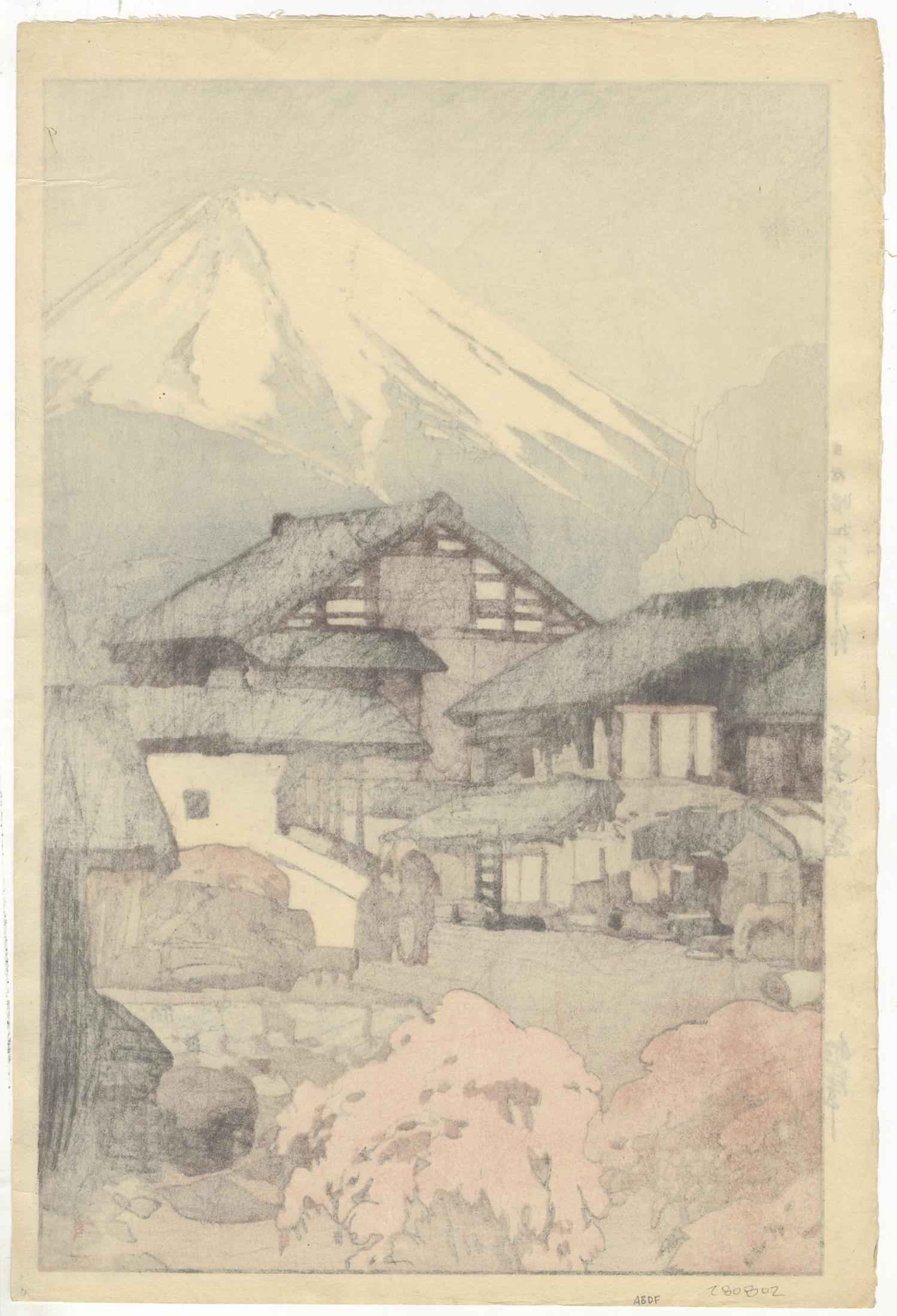 Artist: Hiroshi Yoshida (1876-1950)
Title: Fuji from Funatsu
Series: Ten Views of Fuji
Date: 1928
Dimensions: 27.3 x 40.6 cm
Condition: Minor creases. Black pigment in the bottom right corner.

Printed and signed by the artist.

A snow capped Mt