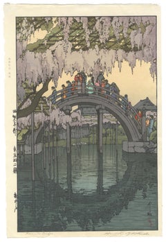 Hiroshi Yoshida, Original Japanese Woodblock Print, Shin Hanga, Bridge, Wisteria