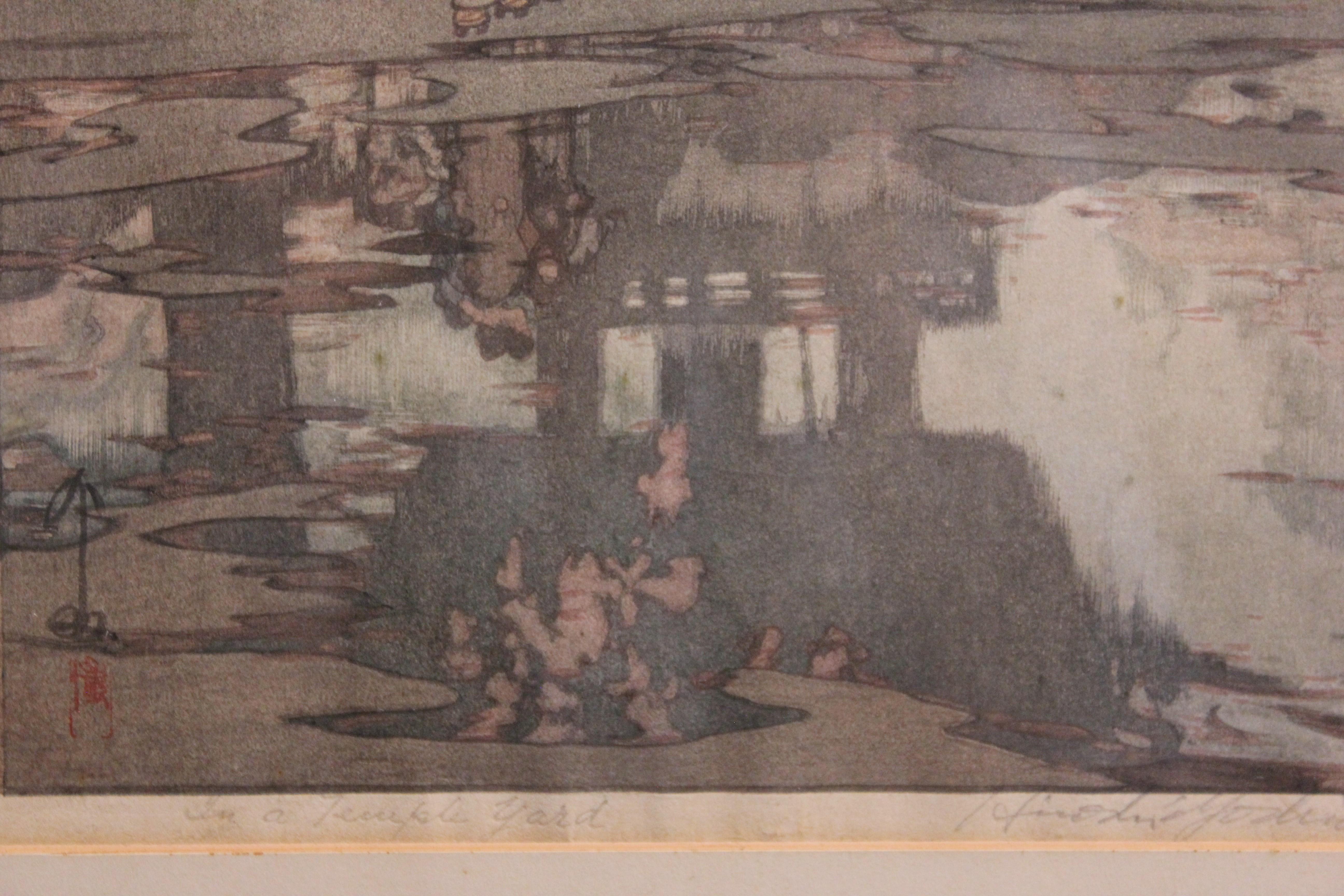 Beautiful Japanese woodblock print of three women in traditional dress standing under a cherry blossom tree in a temple yard by the artist Hiroshi Yoshida in 1935. Signed and titled along bottom edge. Hung in a brown wooden frame.

Artist