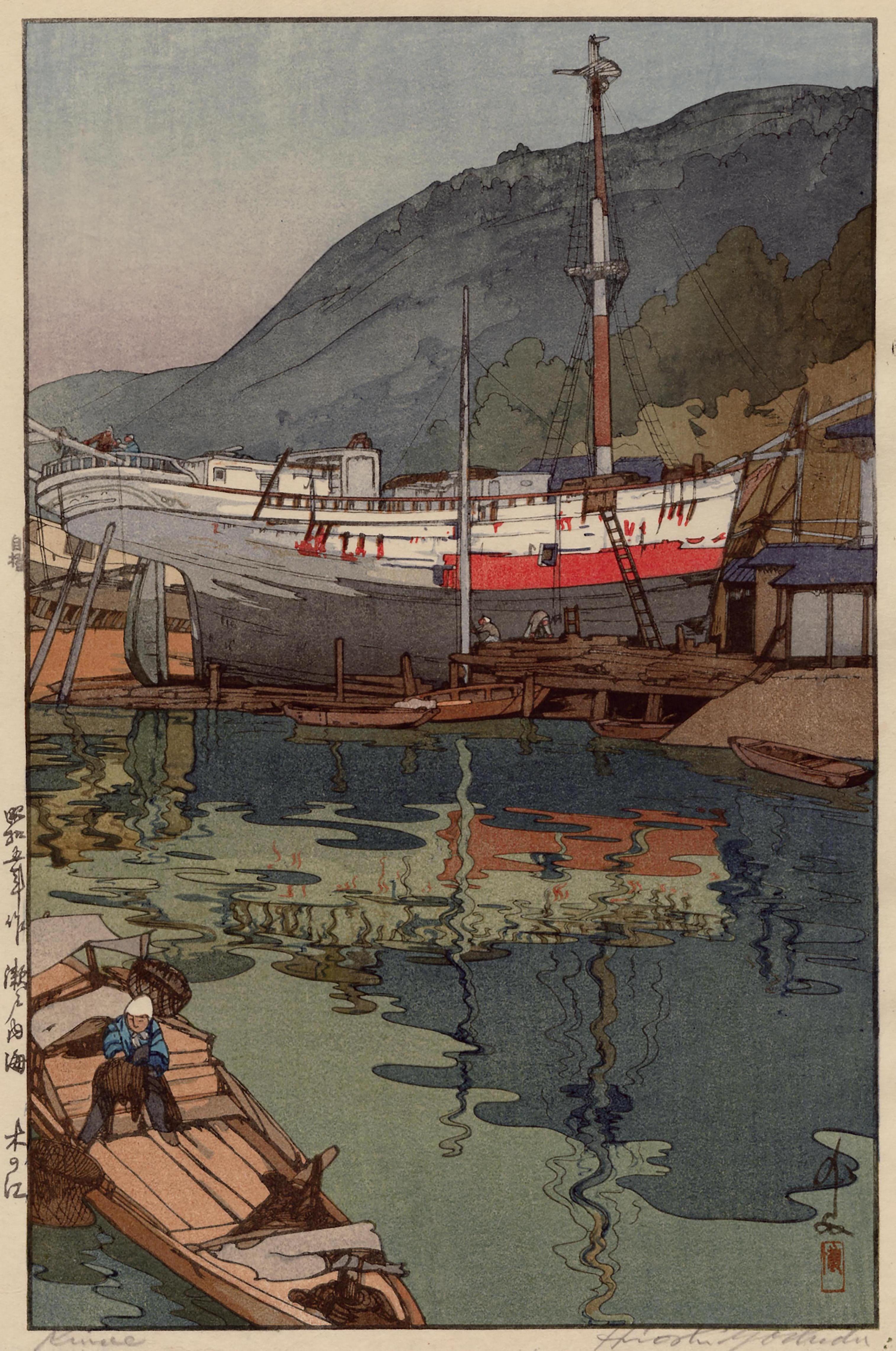 Hiroshi Yoshida Landscape Print - Kinoe Harbor