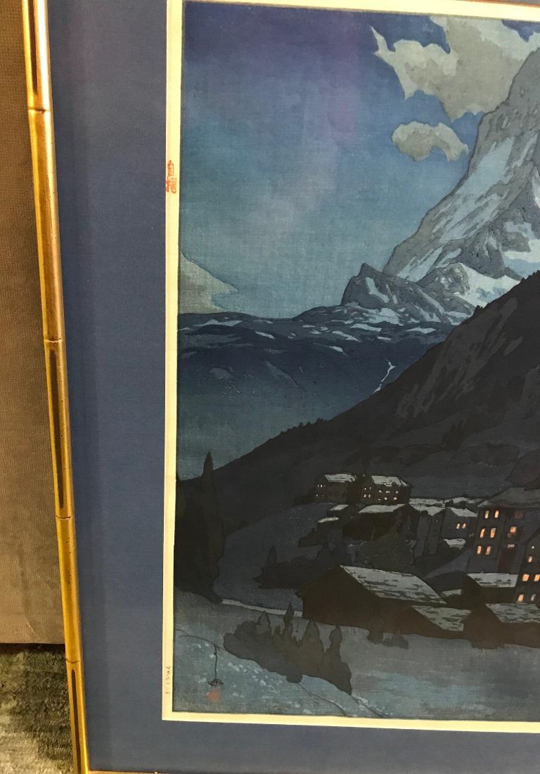 Hiroshi Yoshida Rare Japanese Woodblock Print Matterhorn at Night Jizuri Seal In Good Condition In Studio City, CA