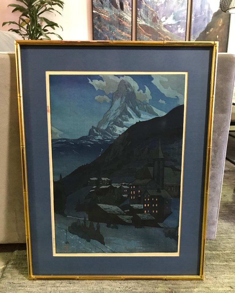 Early 20th Century Hiroshi Yoshida Rare Japanese Woodblock Print Matterhorn at Night Jizuri Seal