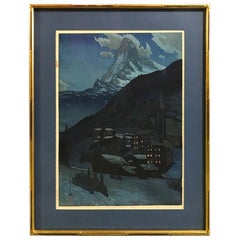 Hiroshi Yoshida Rare Japanese Woodblock Print Matterhorn at Night Jizuri Seal