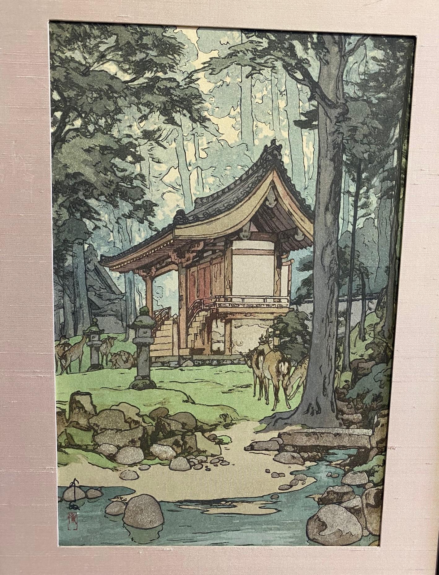 Showa Hiroshi Yoshida Sealed Framed Japanese Color Woodblock Print Temple in the Woods