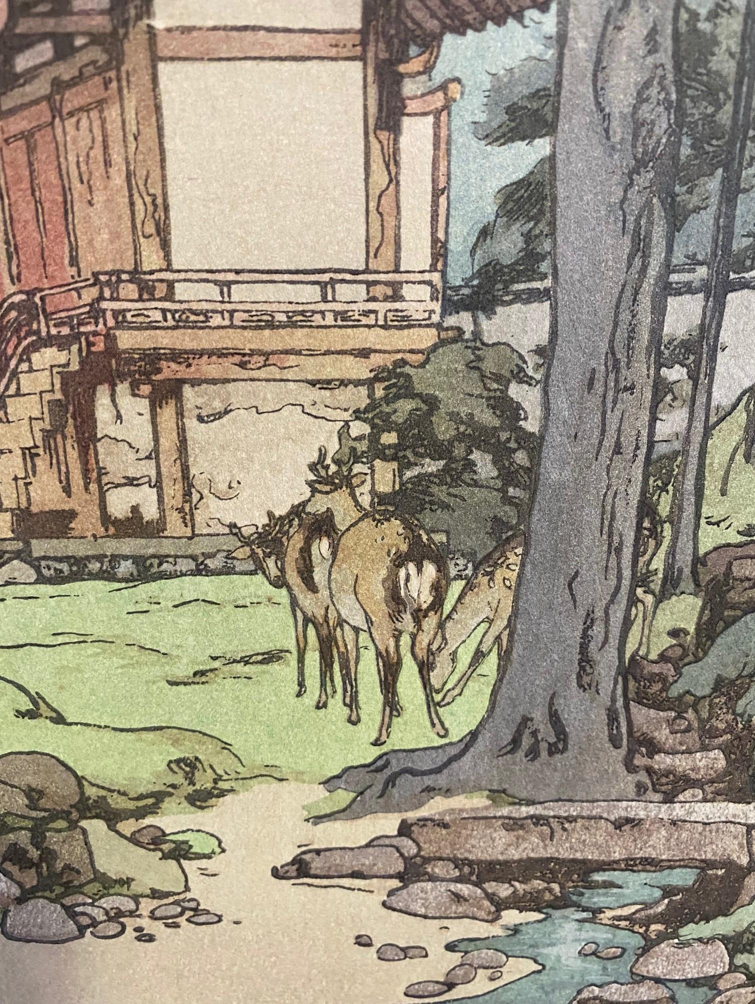 Hiroshi Yoshida Sealed Framed Japanese Color Woodblock Print Temple in the Woods In Good Condition In Studio City, CA