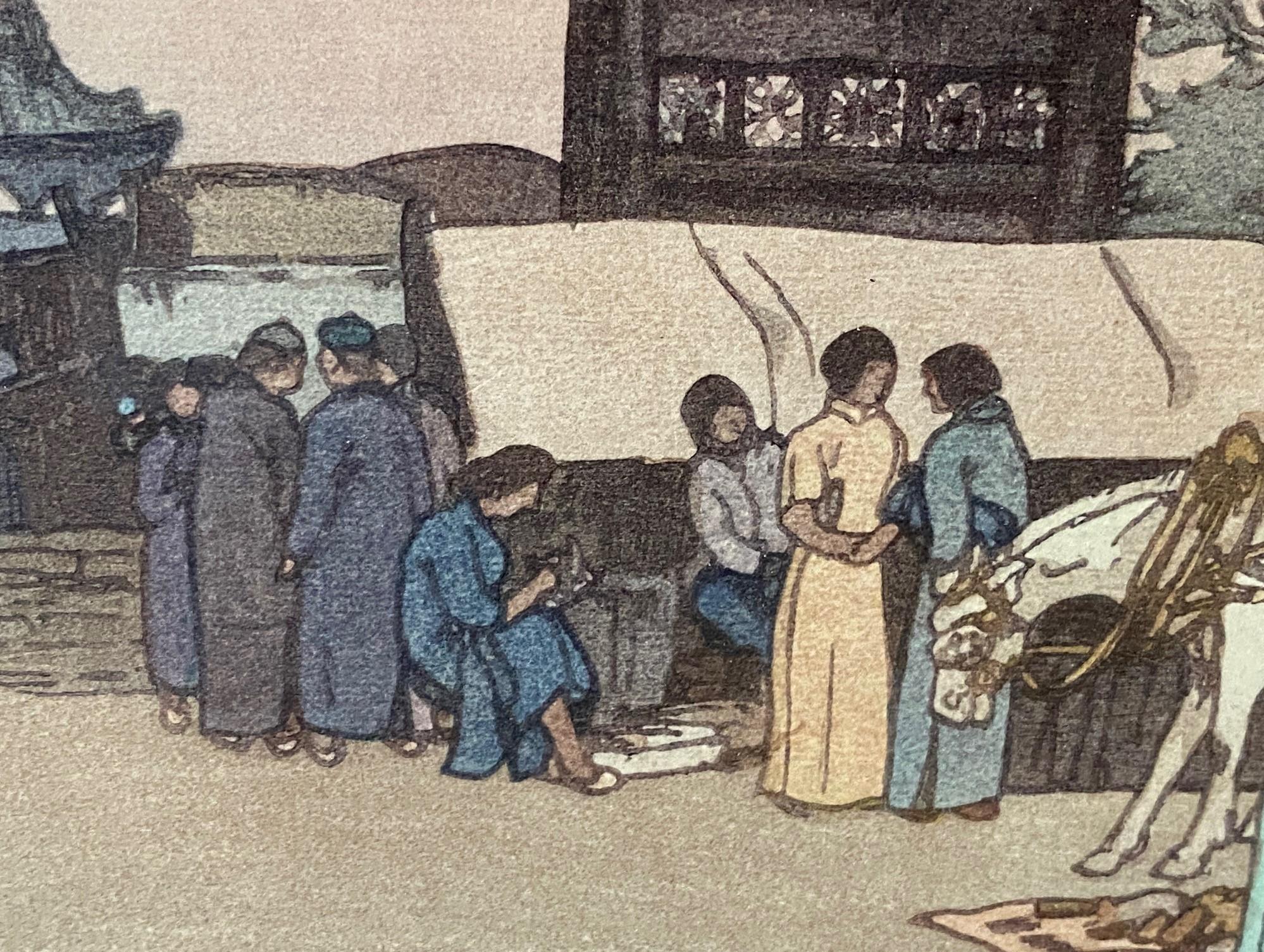 Hiroshi Yoshida Signed Japanese Woodblock Print Market in Mukden, Jizuri Seal (marché de la gravure sur bois japonaise à Mukden, sceau de Jizuri) en vente 3
