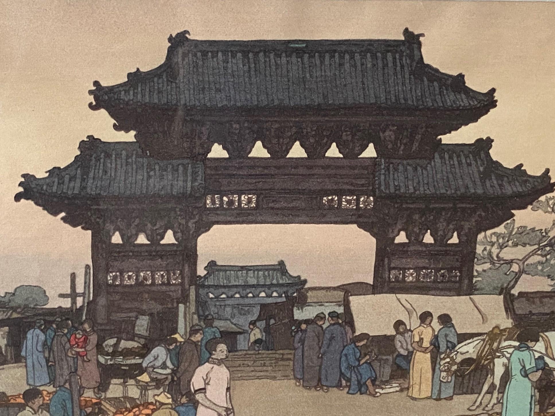 Hiroshi Yoshida Signed Japanese Woodblock Print Market in Mukden, Jizuri Seal (marché de la gravure sur bois japonaise à Mukden, sceau de Jizuri) en vente 4