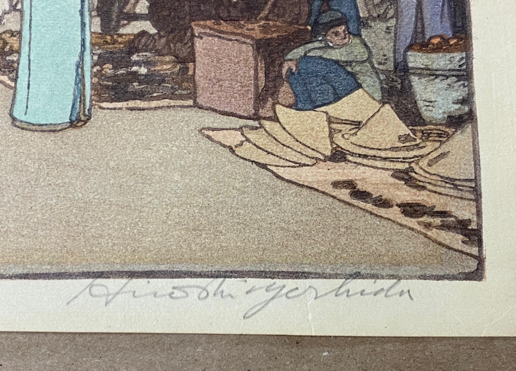 Hiroshi Yoshida Signed Japanese Woodblock Print Market in Mukden, Jizuri Seal (marché de la gravure sur bois japonaise à Mukden, sceau de Jizuri) en vente 11