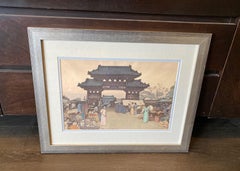 Hiroshi Yoshida Impresión xilográfica japonesa firmada Mercado en Mukden, sello Jizuri