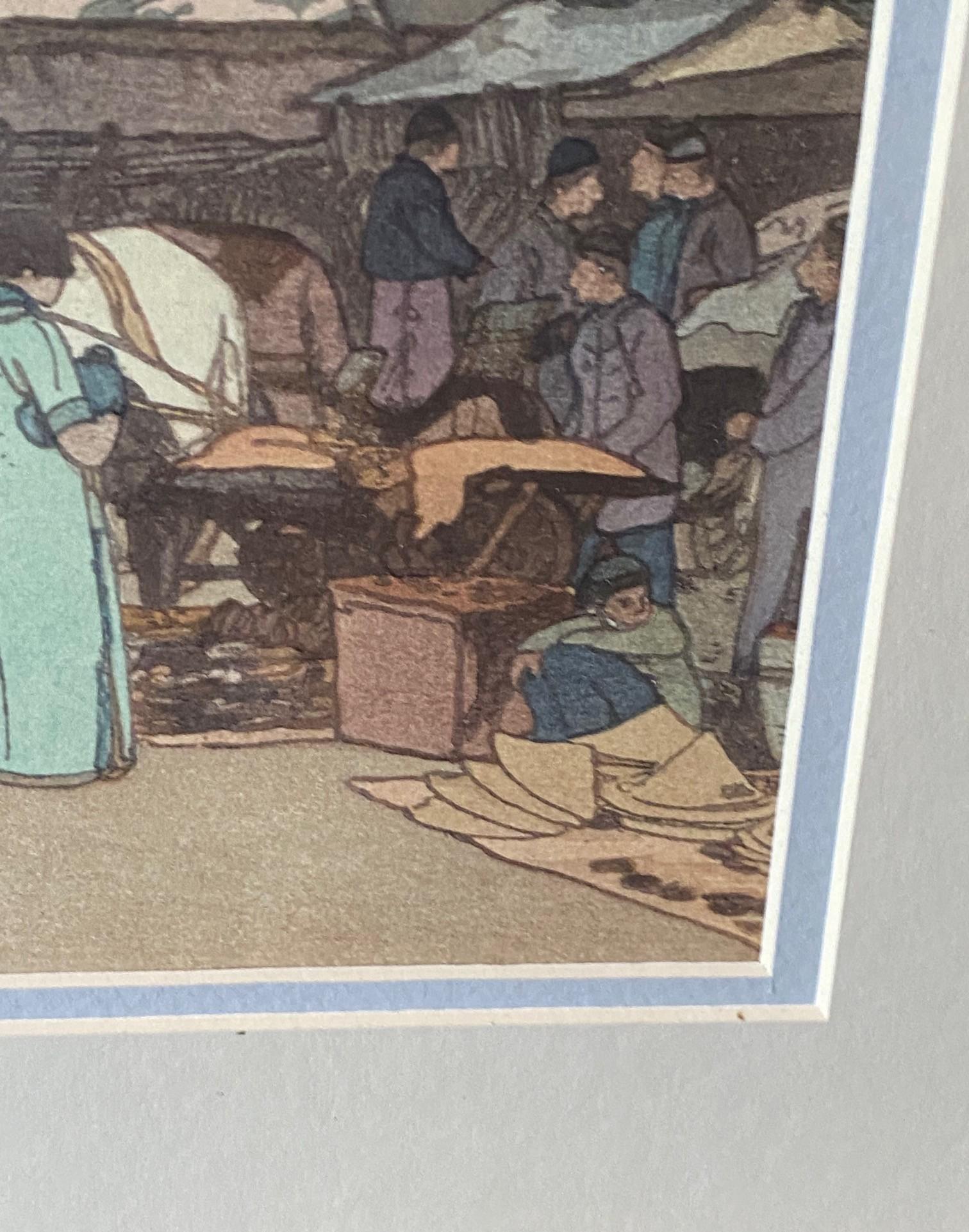 Milieu du XXe siècle Hiroshi Yoshida Signed Japanese Woodblock Print Market in Mukden, Jizuri Seal (marché de la gravure sur bois japonaise à Mukden, sceau de Jizuri) en vente