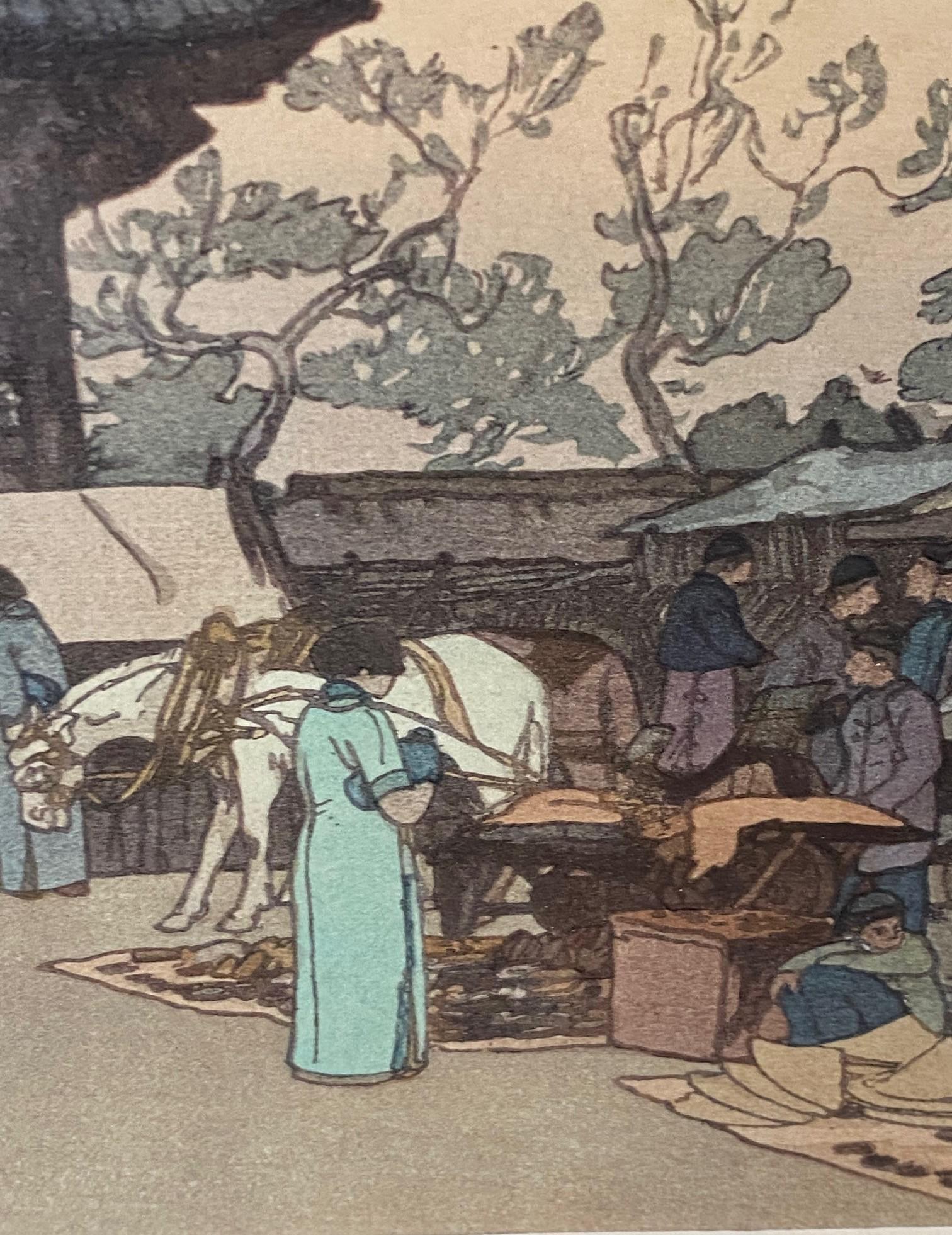 Hiroshi Yoshida Signed Japanese Woodblock Print Market in Mukden, Jizuri Seal (marché de la gravure sur bois japonaise à Mukden, sceau de Jizuri) en vente 1