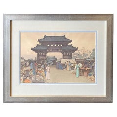 Hiroshi Yoshida Impresión xilográfica japonesa firmada Mercado en Mukden, sello Jizuri