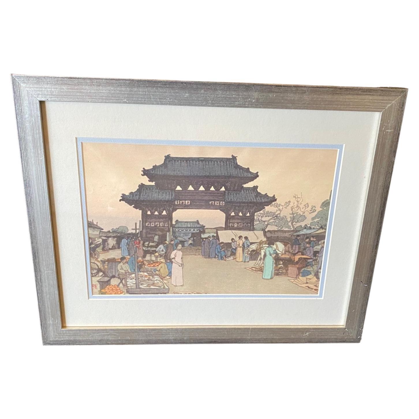 Hiroshi Yoshida Signed Japanese Woodblock Print Market in Mukden, Jizuri Seal (marché de la gravure sur bois japonaise à Mukden, sceau de Jizuri) en vente