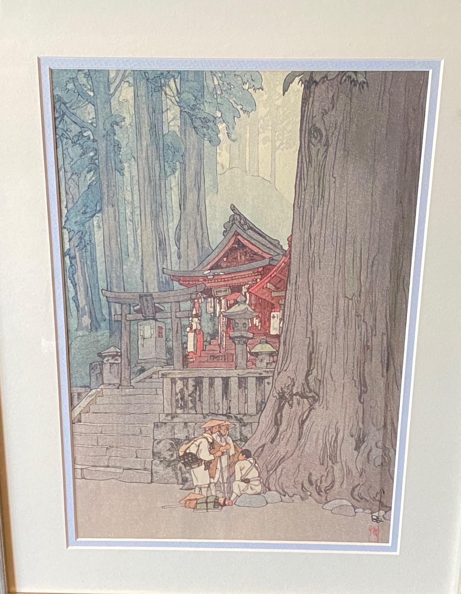 Showa Hiroshi Yoshida Signed Japanese Woodblock Print Misty Day in Nikko, Jizuri Seal For Sale