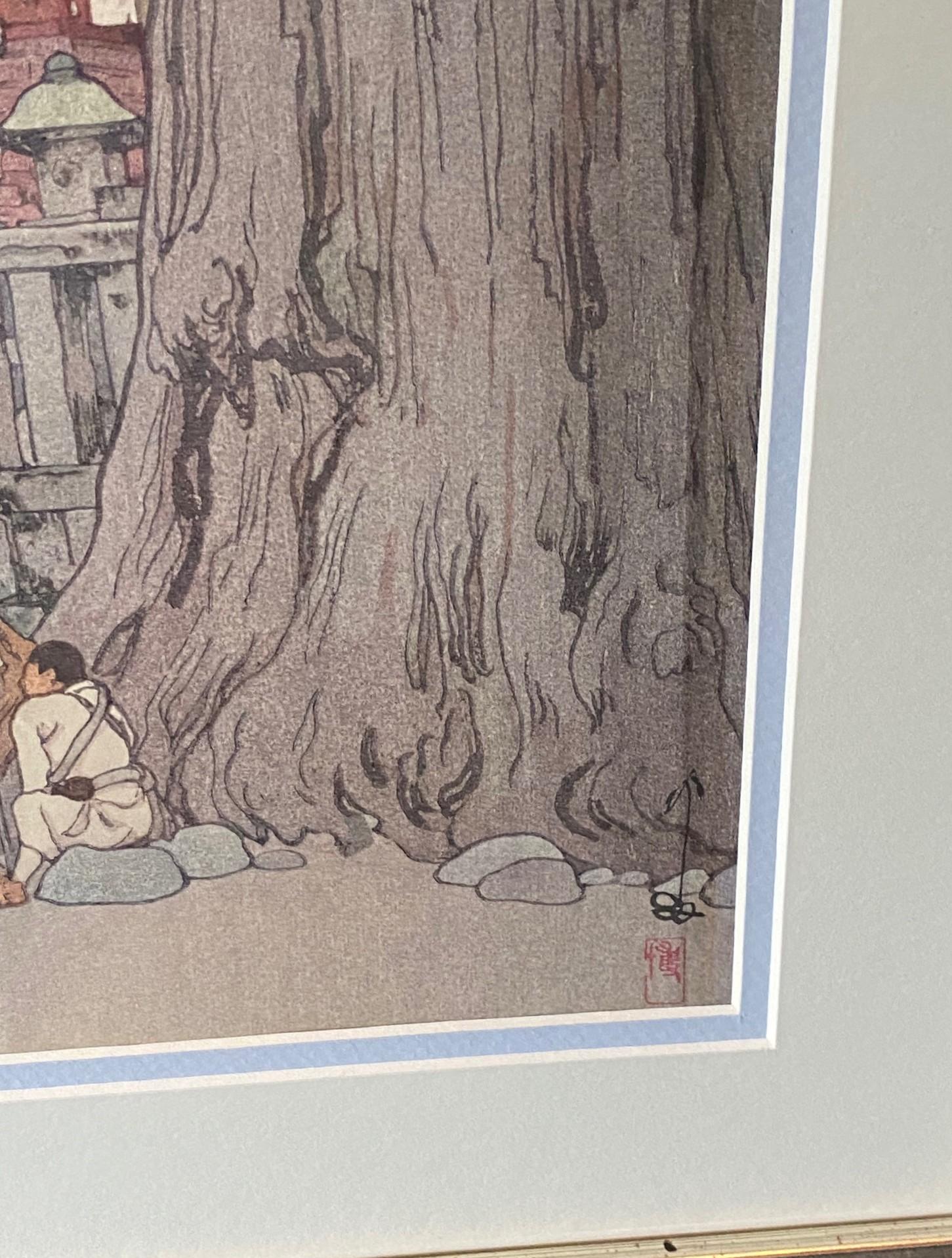 Mid-20th Century Hiroshi Yoshida Signed Japanese Woodblock Print Misty Day in Nikko, Jizuri Seal For Sale