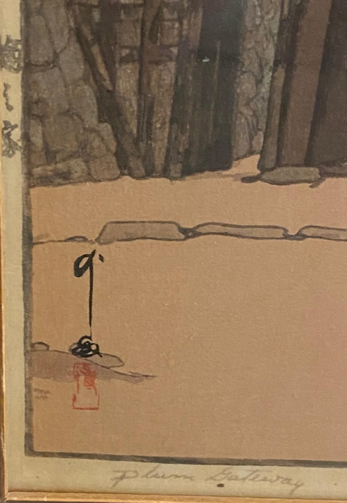Hiroshi Yoshida Hiroshidai ha firmato la stampa su legno giapponese Plum Gateway con il raro sigillo Toku in vendita 2