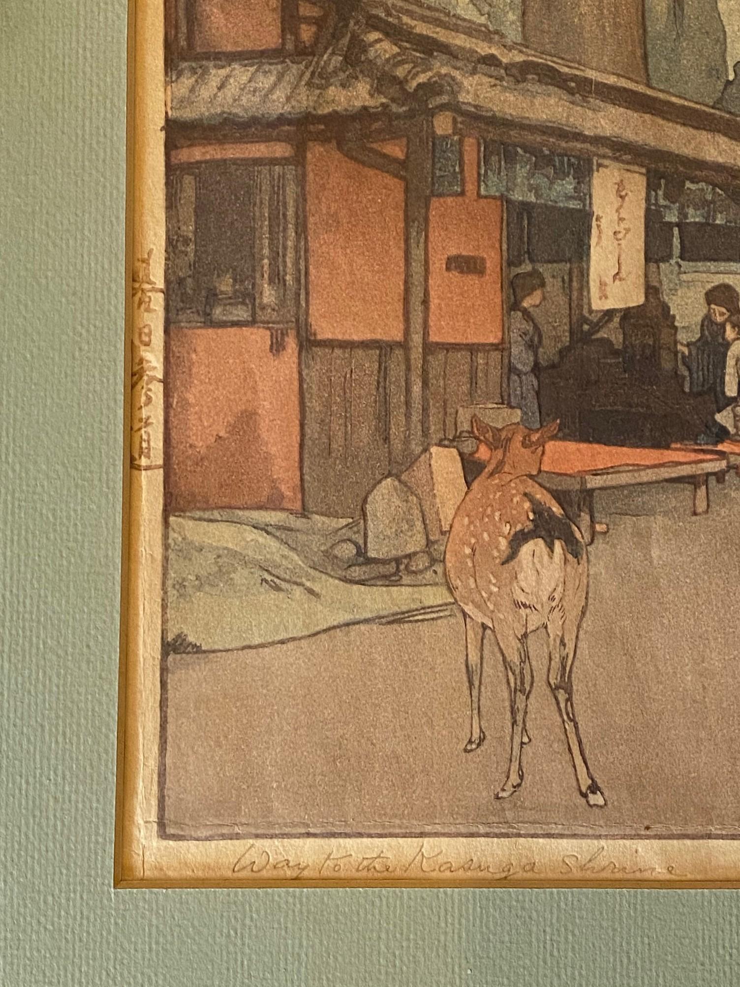 Hiroshi Yoshida Impresión xilográfica japonesa firmada Camino al santuario Kasuga, Jizuri mediados del siglo XX en venta