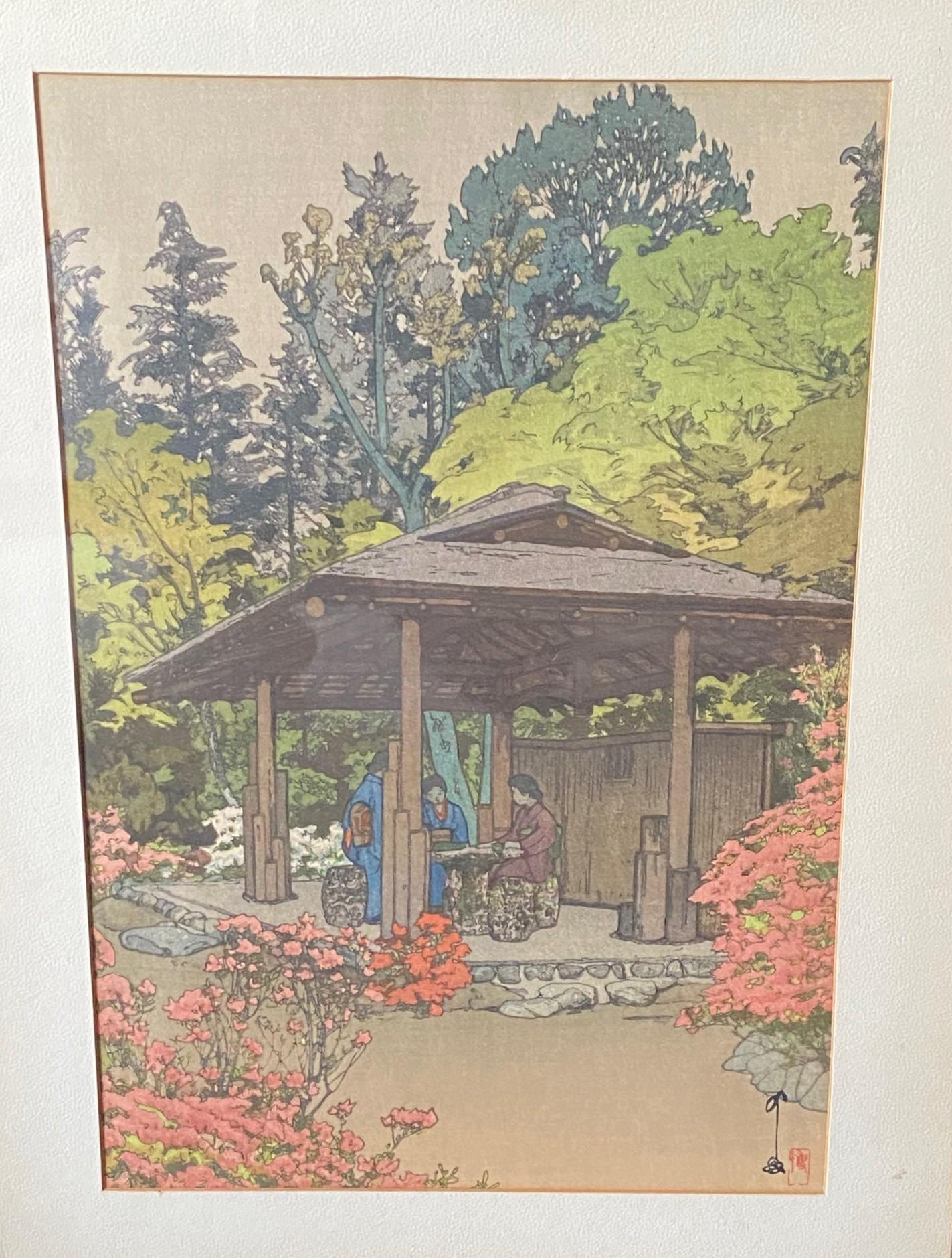 Showa Hiroshi Yoshida - Gravure sur bois japonaise encadrée, signée et scellée - Jardin d'azalées en vente