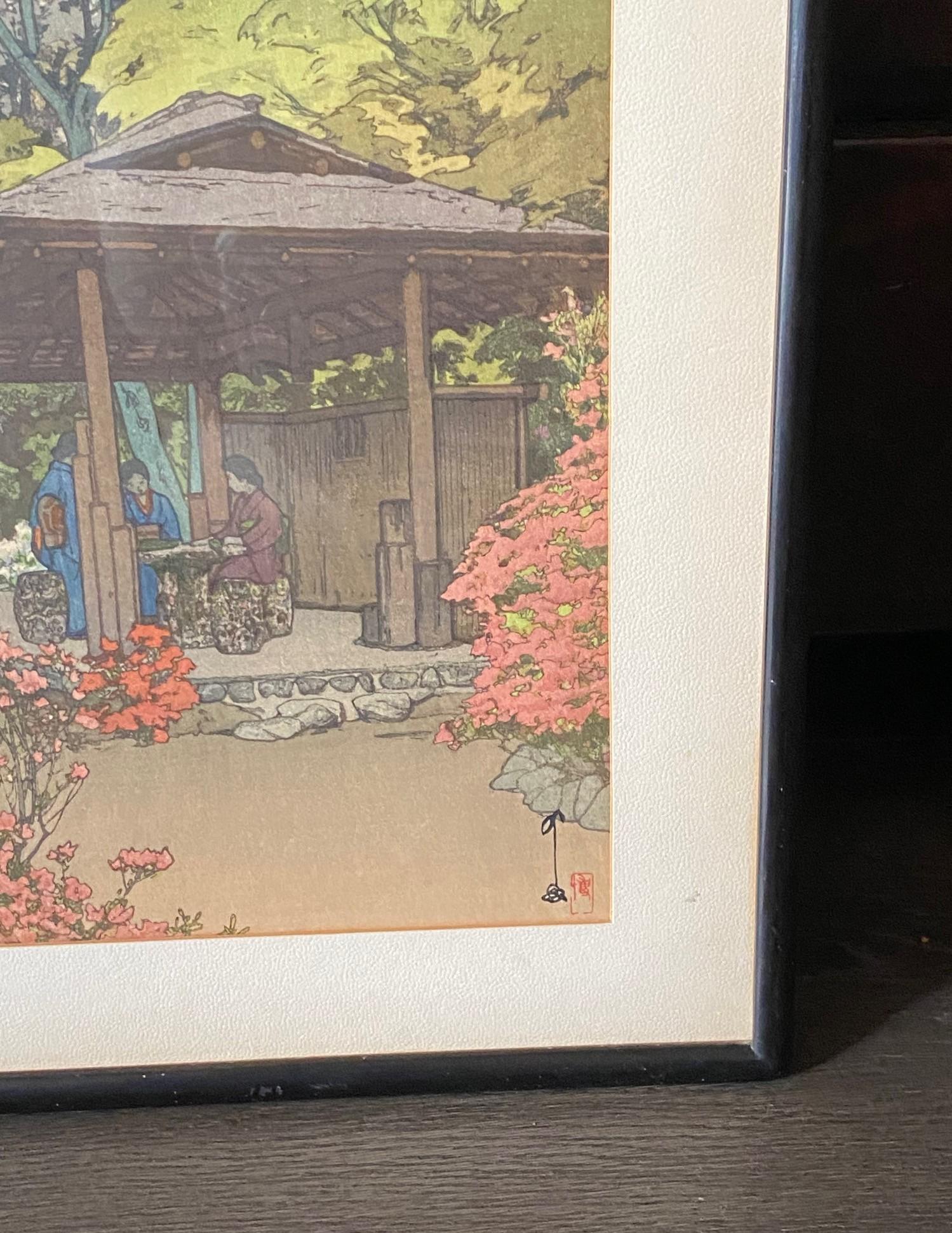 Bois Hiroshi Yoshida - Gravure sur bois japonaise encadrée, signée et scellée - Jardin d'azalées en vente