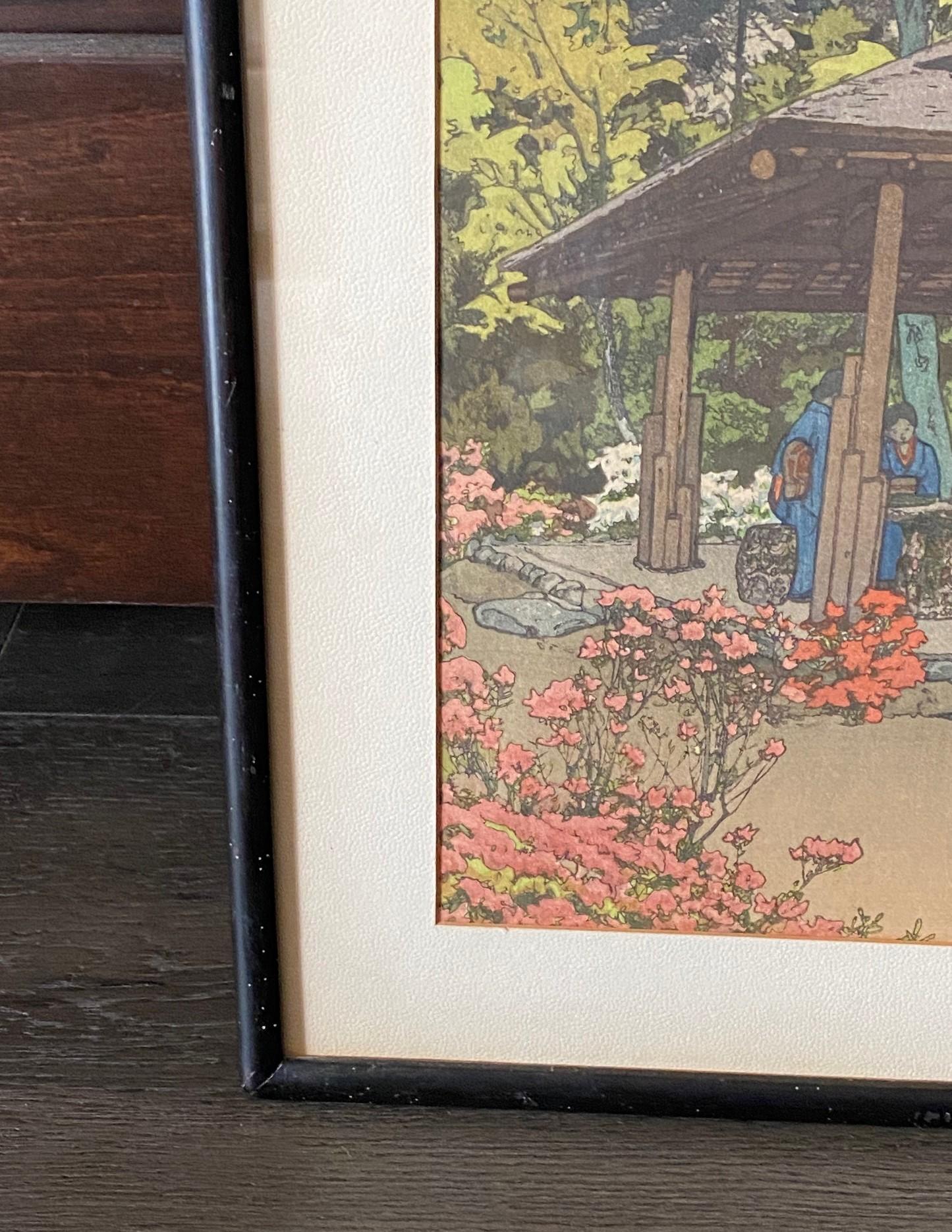 Hiroshi Yoshida - Gravure sur bois japonaise encadrée, signée et scellée - Jardin d'azalées en vente 1