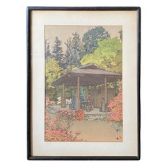 Hiroshi Yoshida signiert 
versiegelt gerahmt japanischen Farbholzschnitt Azalee Garten