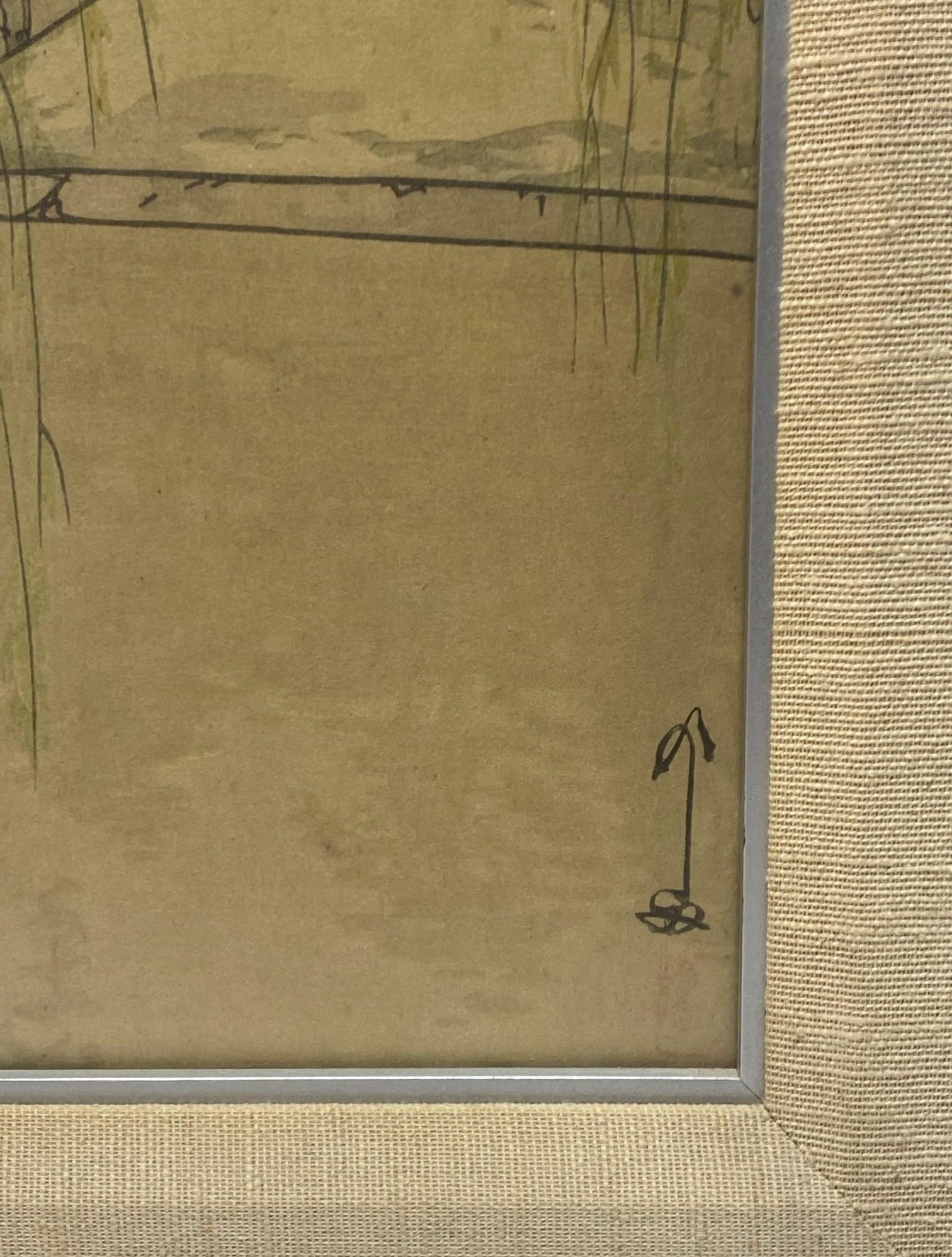 Bois Pond Sarusawa signé et scellé encadré Hiroshi Yoshida en vente