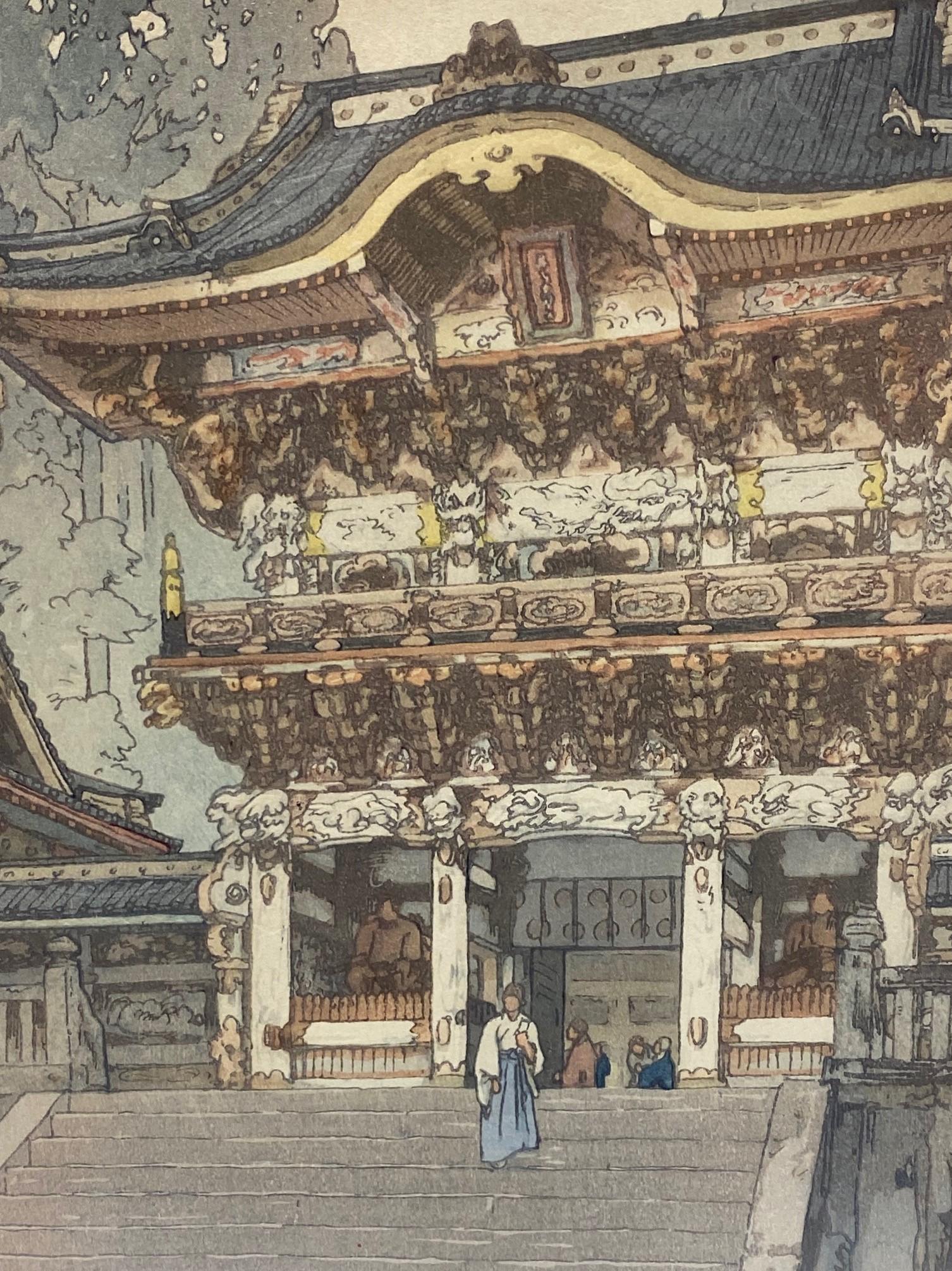 Hiroshi Yoshida Signed & Sealed Framed Japanese Woodblock Print Yomei Gate In Good Condition For Sale In Studio City, CA