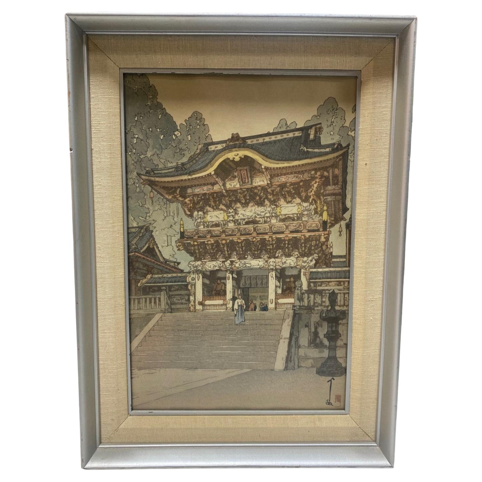 Hiroshi Yoshida Sealed Framed Japanese Color Woodblock Print in a Temple Yard at 1stDibs