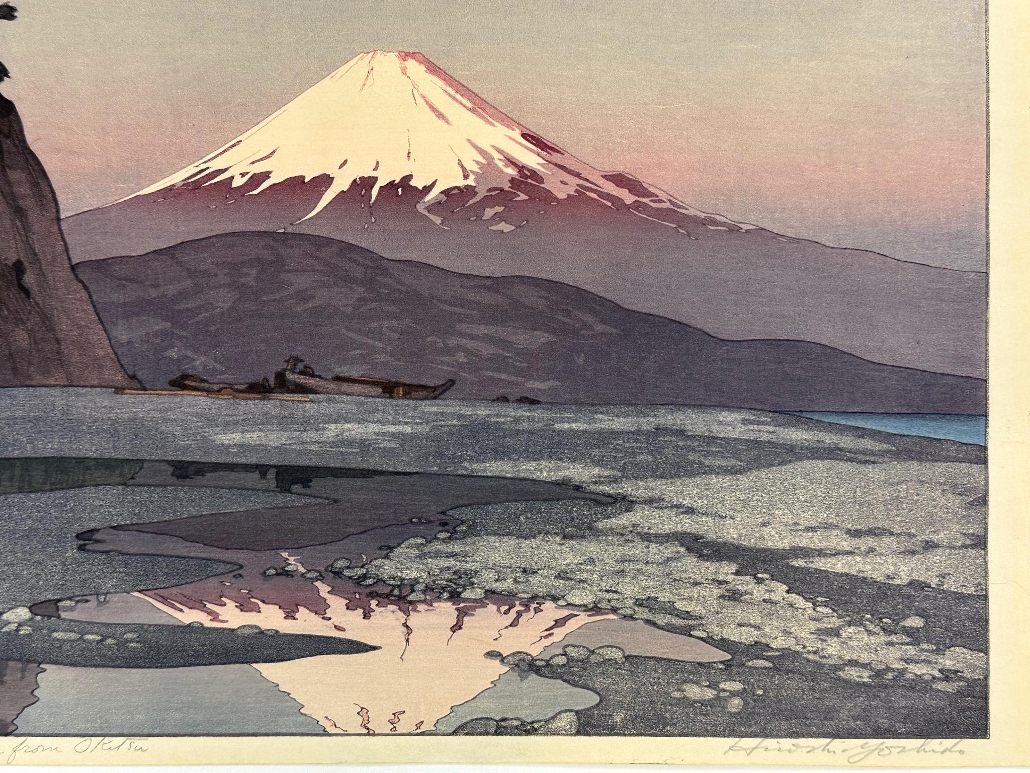 By Hiroshi Yoshida (1876-1950) dated 1928. Signed original

Titled: Fujiyama from Okitsu

Series: Fuji jukkei (Ten Views of Mount Fuji)
10.75