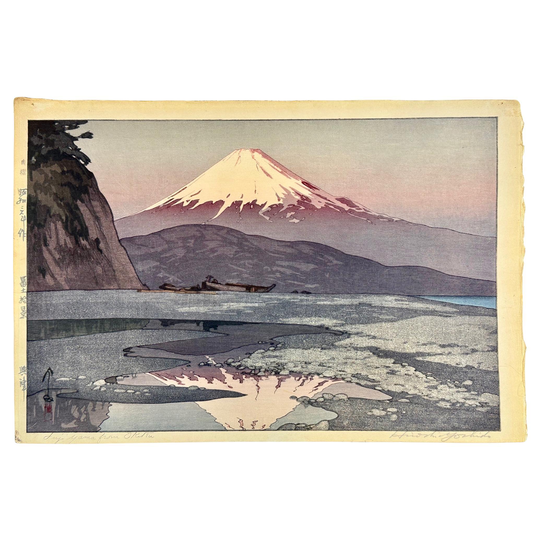 Hiroshi Yoshida Woodblock Print "Fuji Yama from Okitsu" 1928 Signed Original For Sale