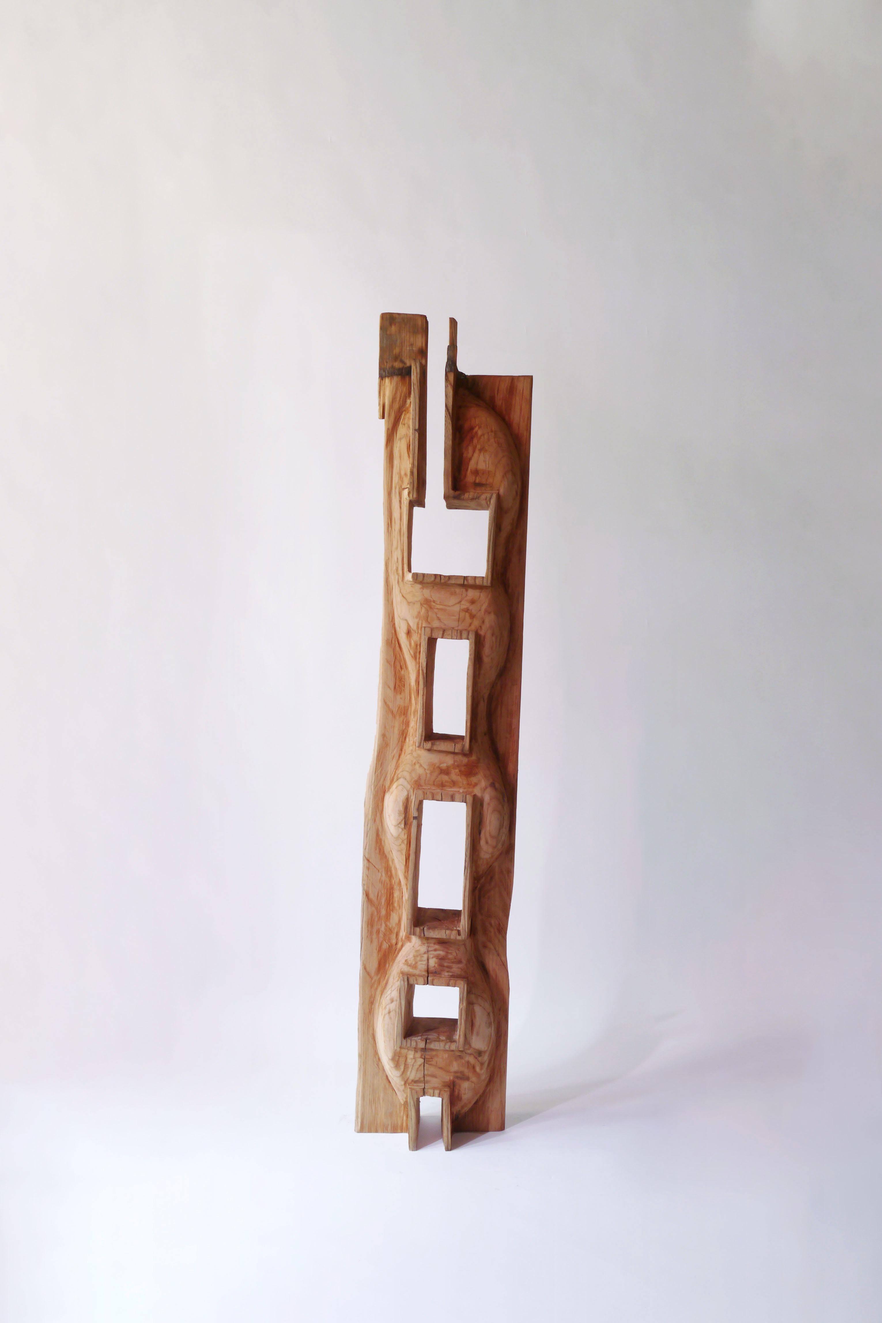 Broad Bean
Sculpture. Also it can be used as small bookcase. 

Material: Zelkova
This work is carved from log with some kinds of chainsaws.
Most of wood used for his works are unable to use anything, these woods are unsuitable material for
