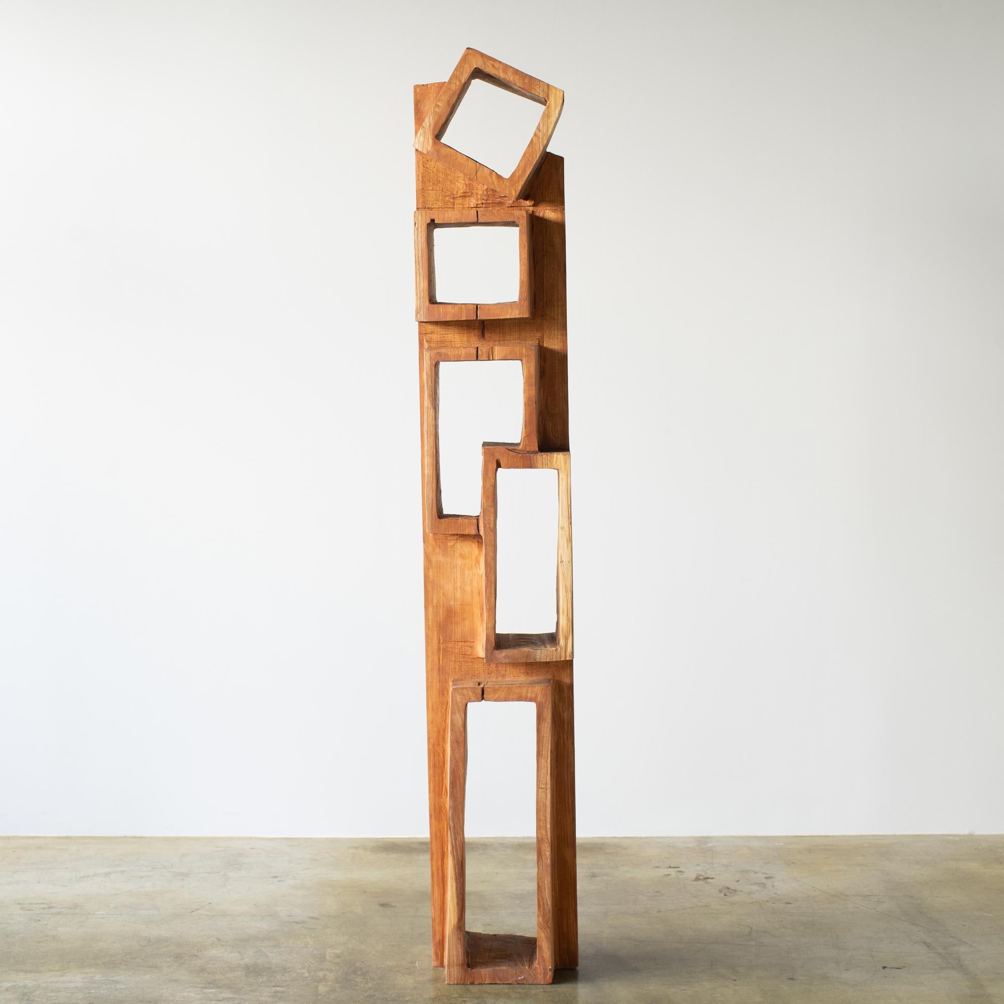 Masouleh Tower
Sculpture. Also it can be used as small bookcase. 

Material: Zelkova
This work is carved from log with some kinds of chainsaws.
Most of wood used for his works are unable to use anything, these woods are unsuitable material for