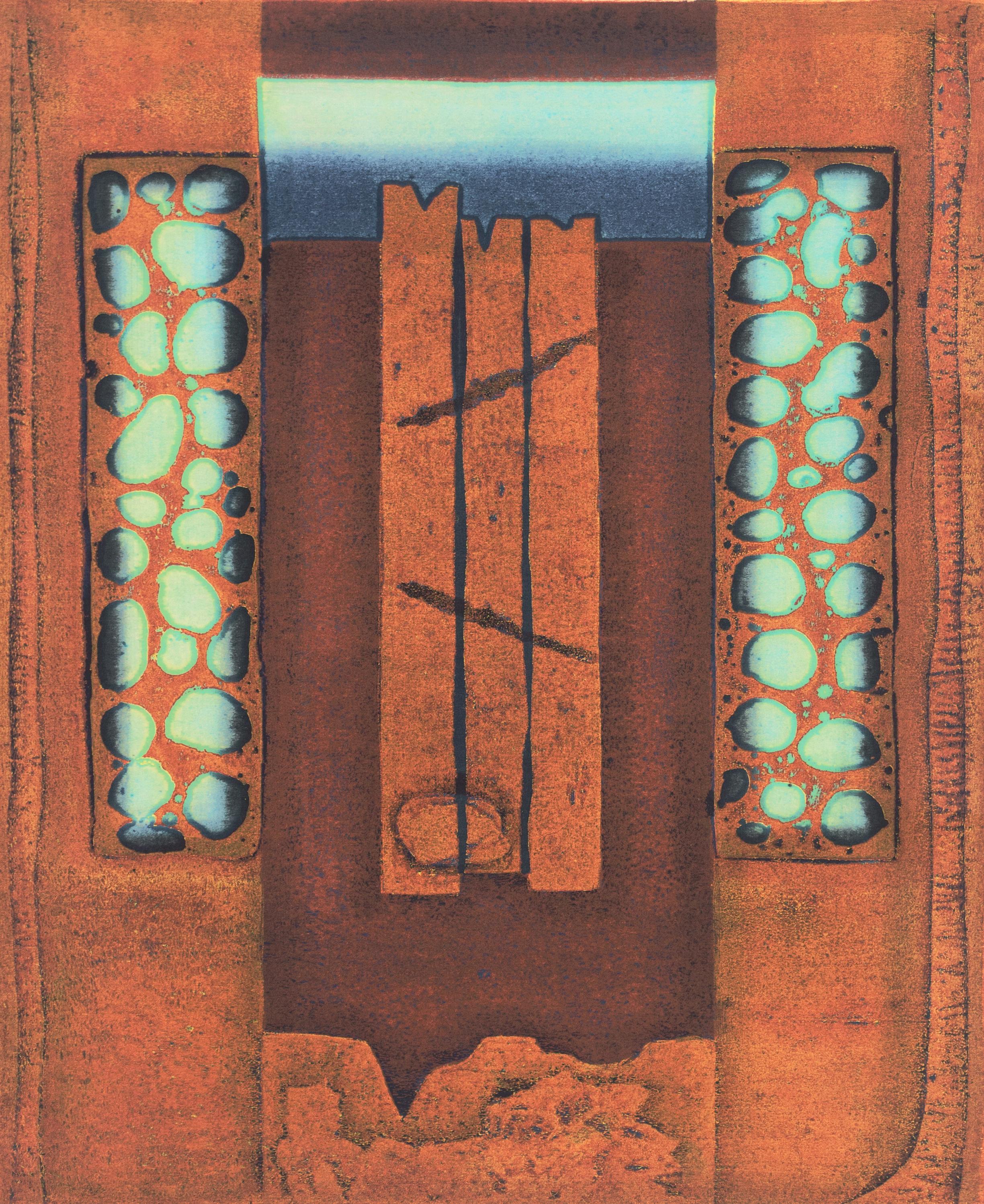 Hiroyuki Tajima Abstract Print - 'Abstract in Turquoise and Copper', Sosaku-Hanga, NMAO, Tokyo, LACMA, Benezit