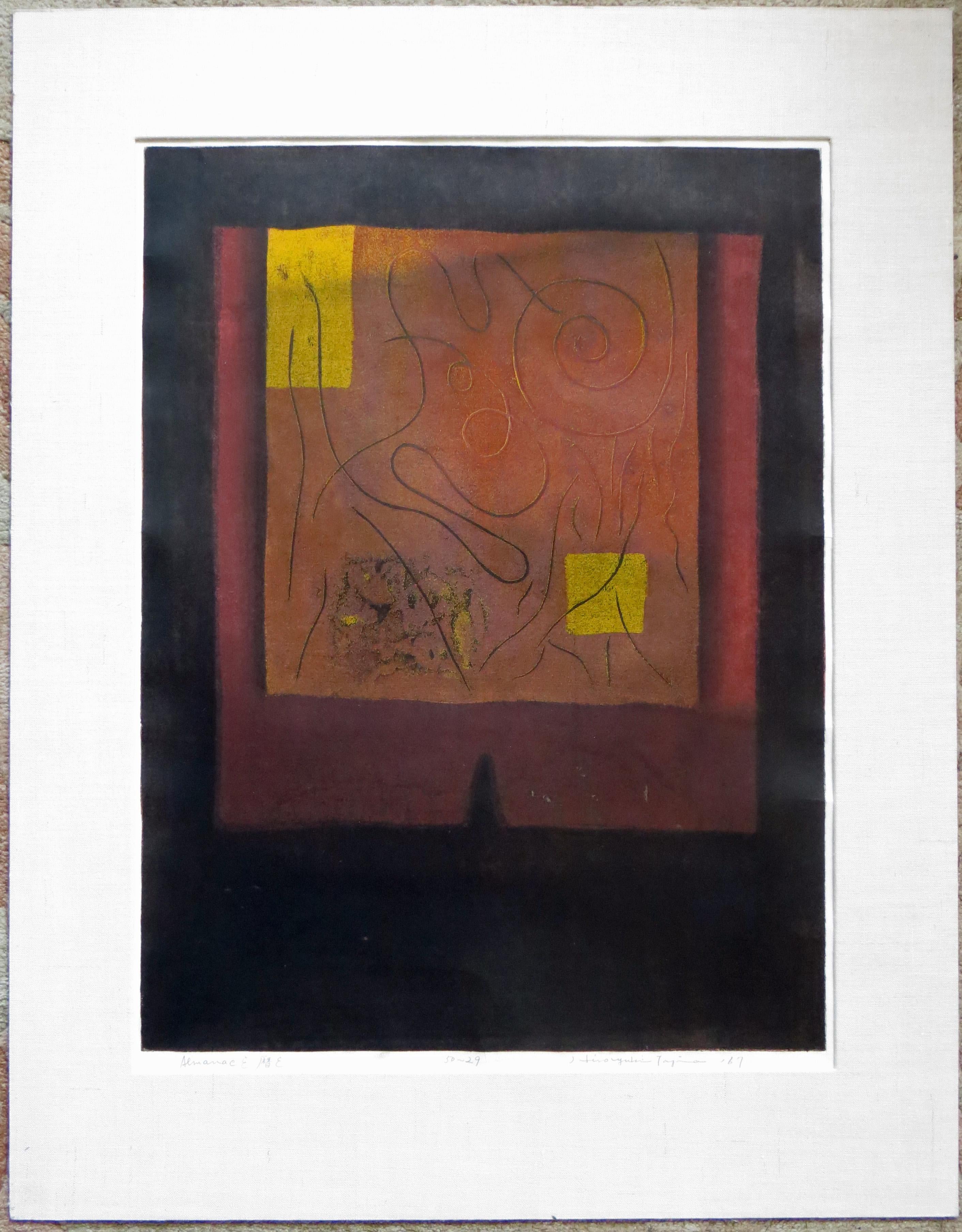 Questa stampa giapponese su xilografia è opera del noto artista sosaku hanga Hiroyuki Tajima (1911-1984). Misura 24 x 18 pollici (25 x 19,5 pollici il foglio, 33,25 x 26,25 pollici incorniciato). La stampa è intitolata in basso a sinistra, Almanacco