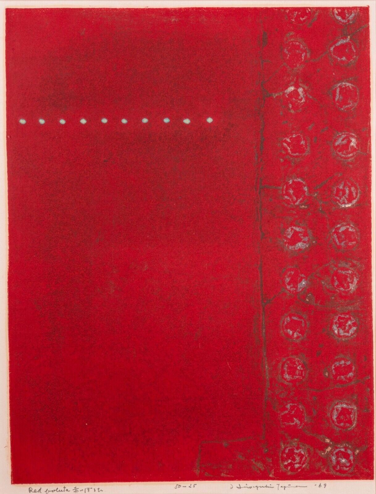 A bold minimal color woodcut on paper titled 