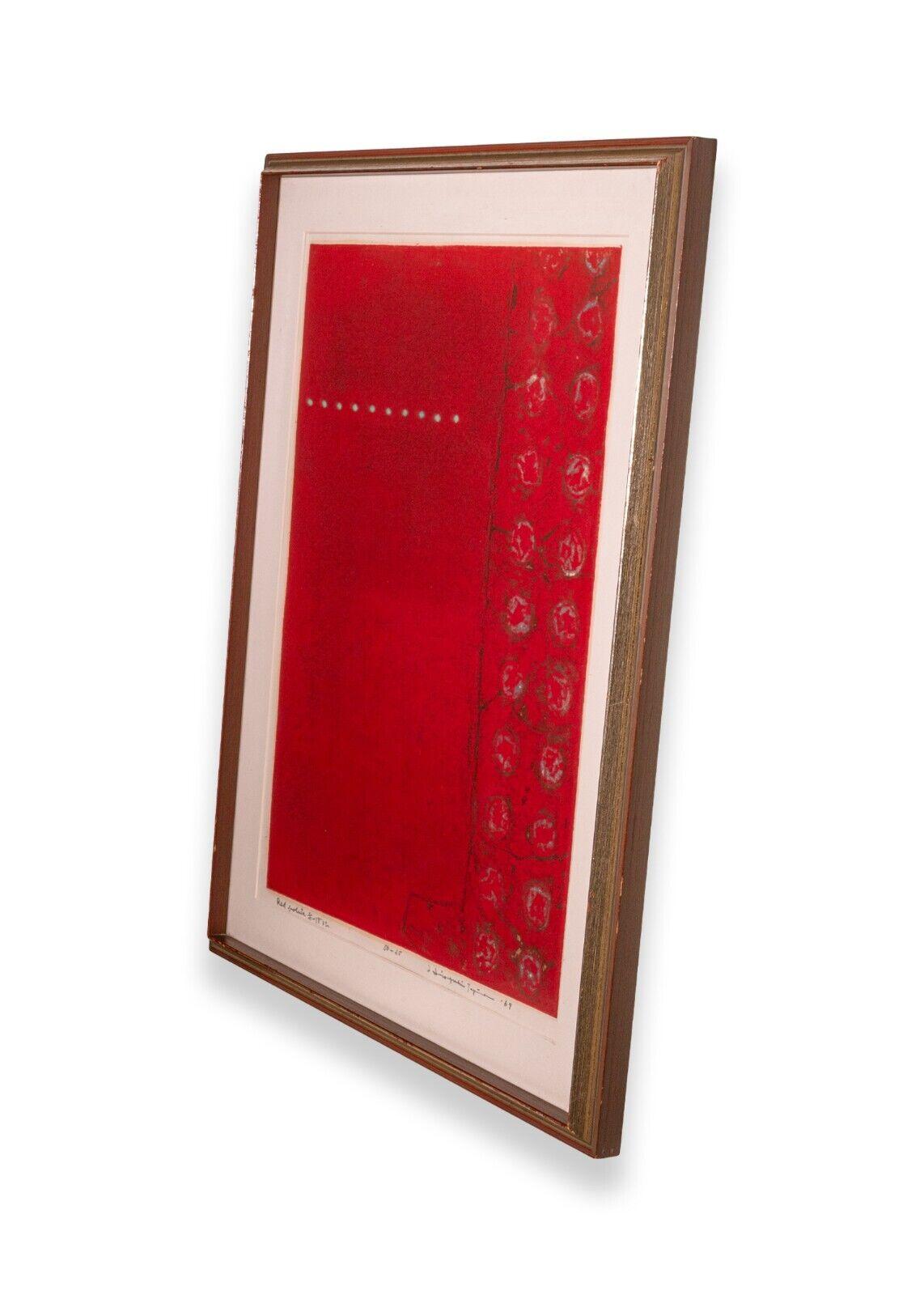Hiroyuki Tajima Red Boluta Signed Contemporary Color Woodblock 25/50 Framed 1969 In Good Condition In Keego Harbor, MI