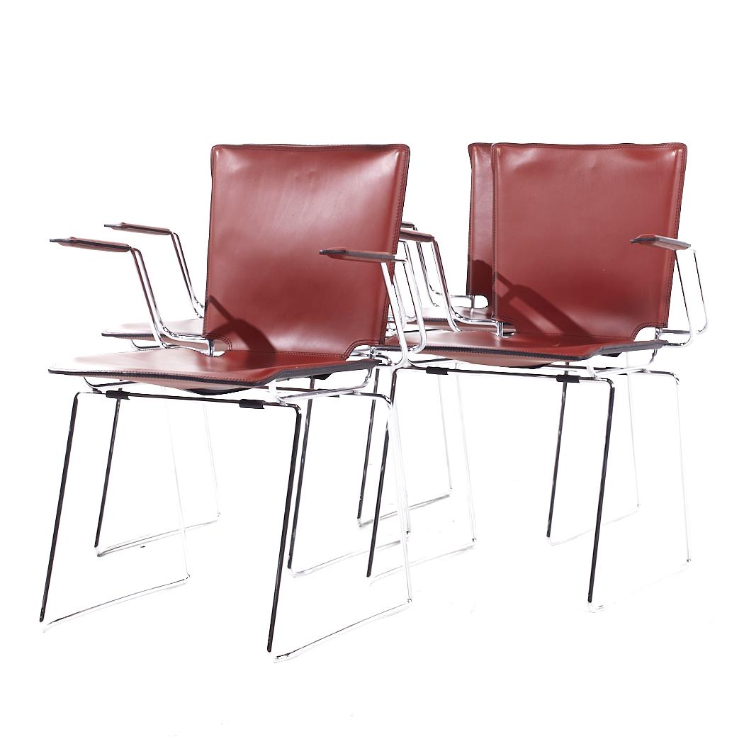 Mid-Century Modern Hiroyuki Toyoda for ICF Mid Century Leather and Chrome Dining Chairs - Set of 4 For Sale