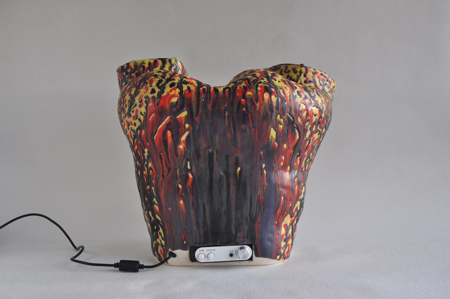 A working ceramic speaker (bluetooth/cord) by Japanese artist Hiroyuki Yamada.

Hiroyuki Yamada (b 1970, Hyogo Pref., Japan). Yamada has been actively exhibiting his works since the early 1990s, gaining significant attention both in Japan and