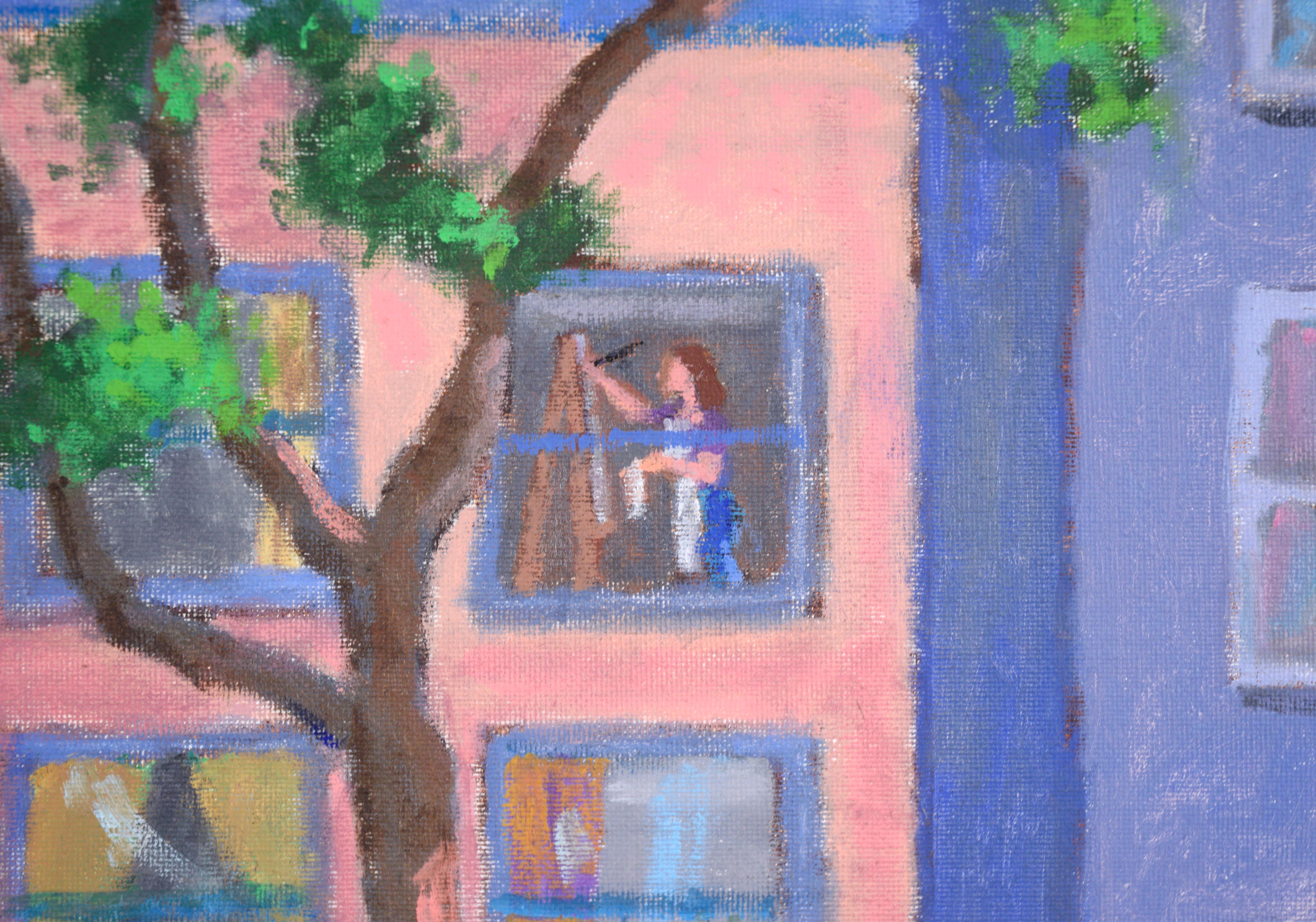 „Garage Sale“ San Francisco Stadtlandschaft in Öl auf Künstlerkarton

Lebhafte Straßenszene von Hirschel Rabinov (Amerikaner, 1921-2012). Vor einem rosafarbenen Haus in San Francisco versammeln sich Menschen, die ihrem Alltag nachgehen. Es findet